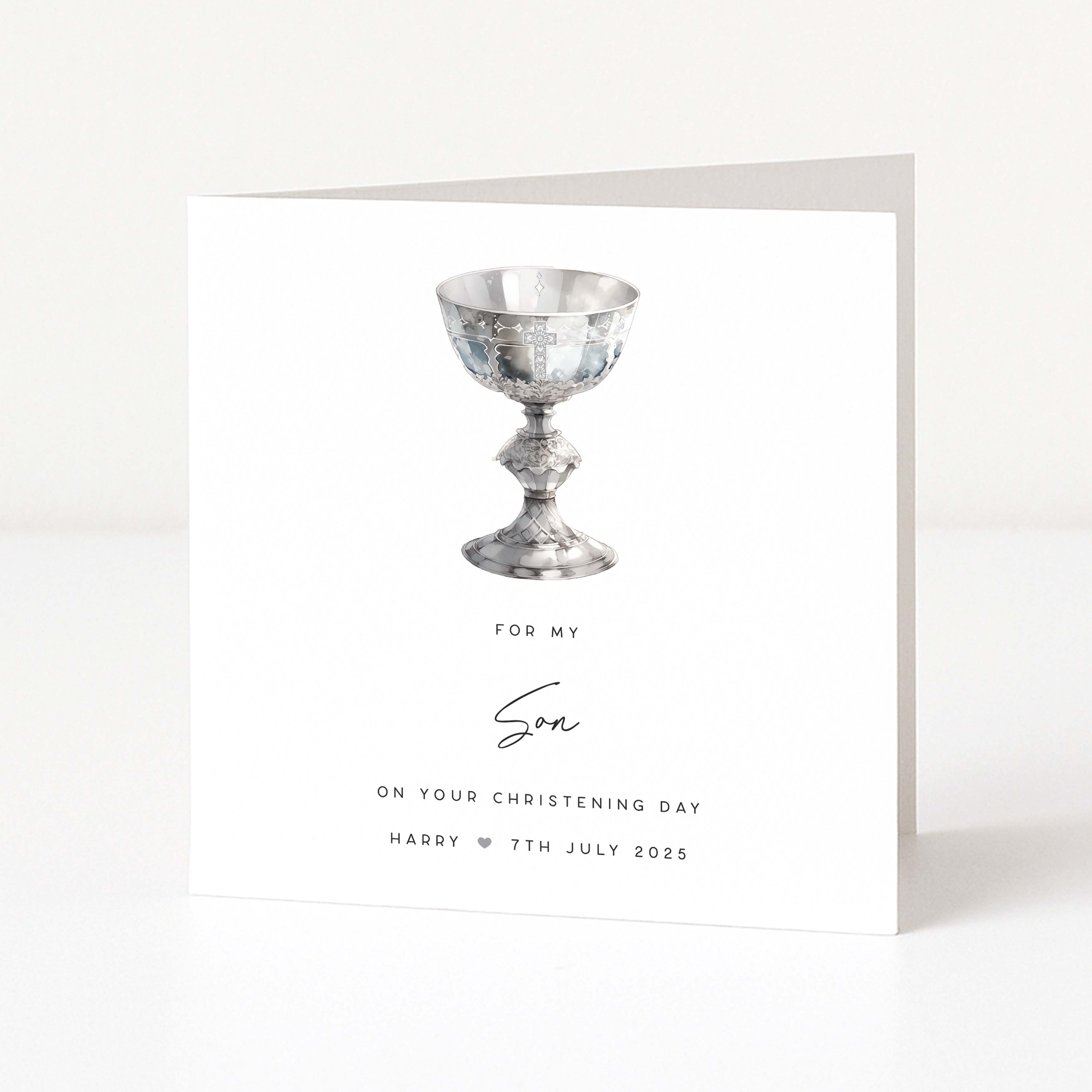 Christening Day card with a silver goblet illustration and personalized text on a white background
