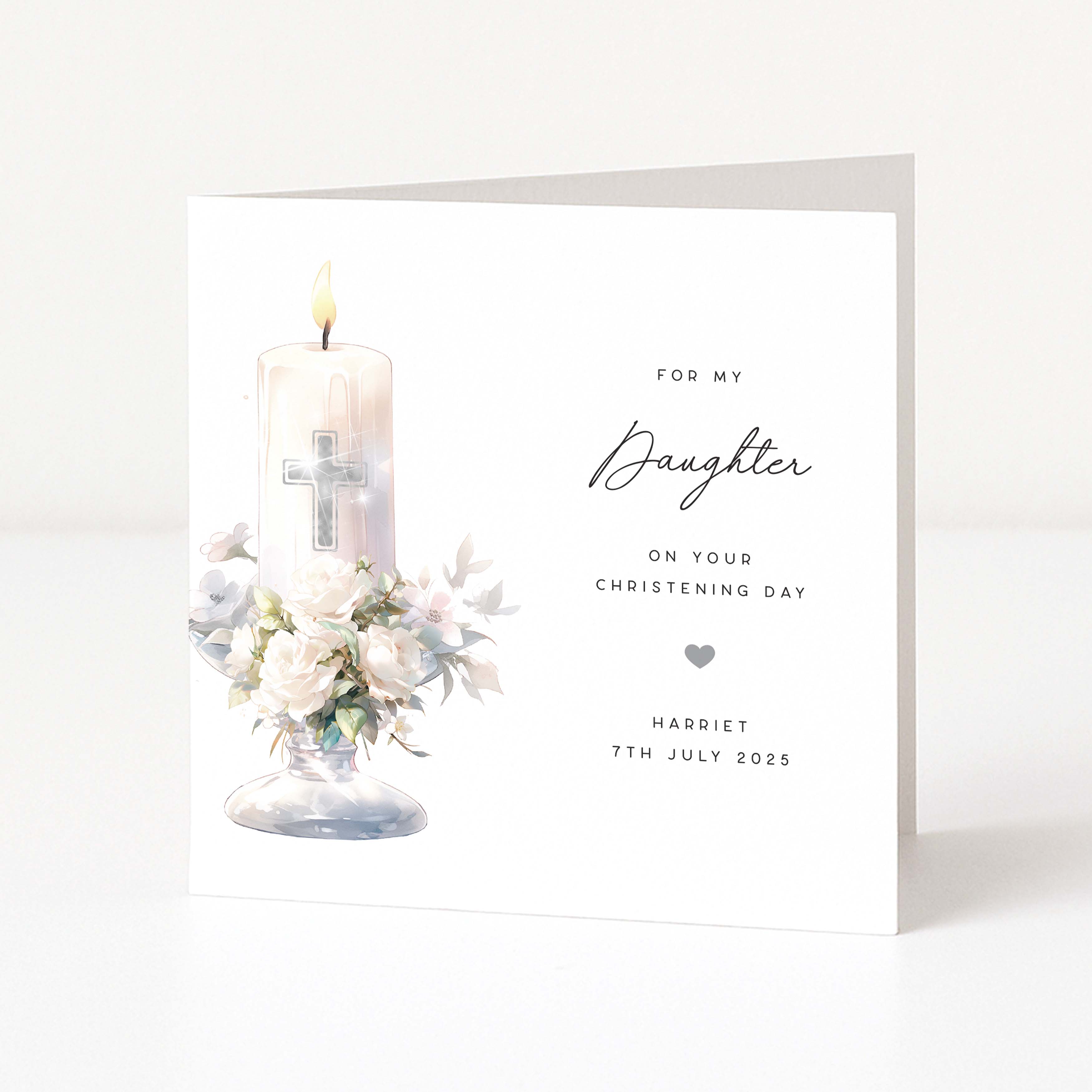 Personalised card for daughter's christening day with a candle and flowers design on a white background