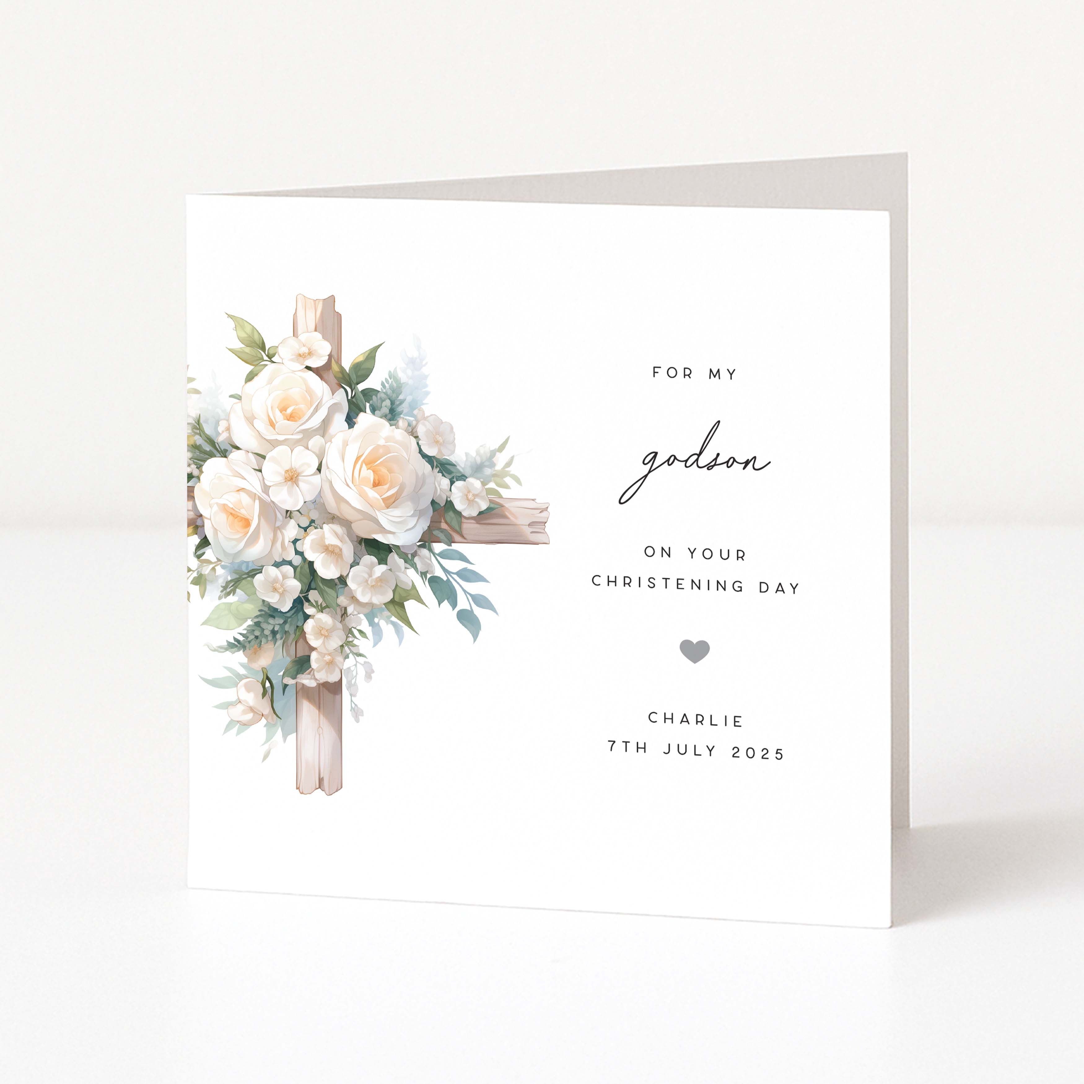 Personalised christening day card for godson with floral cross design and text on a white background