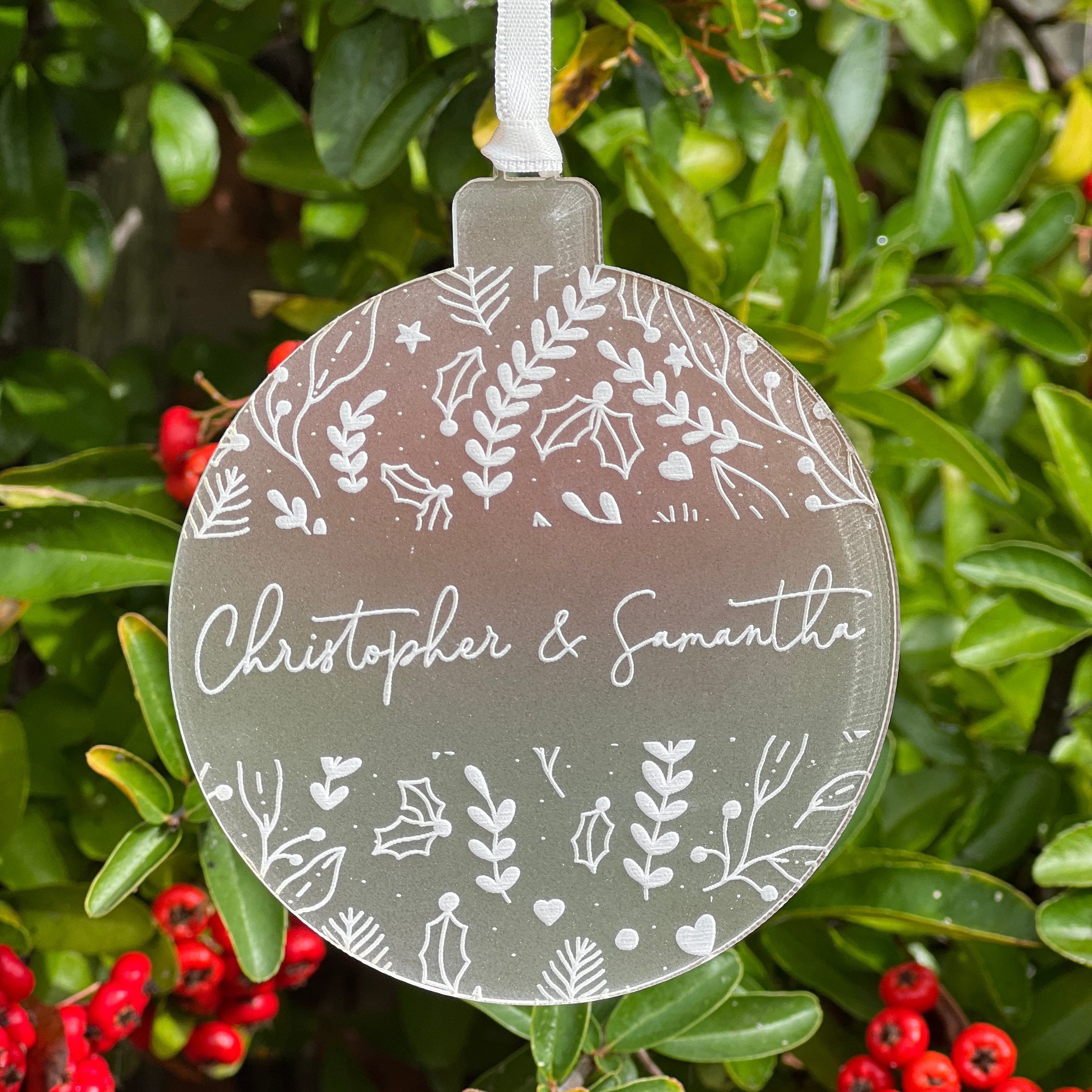 personalised rear engraved christmas bauble for couple