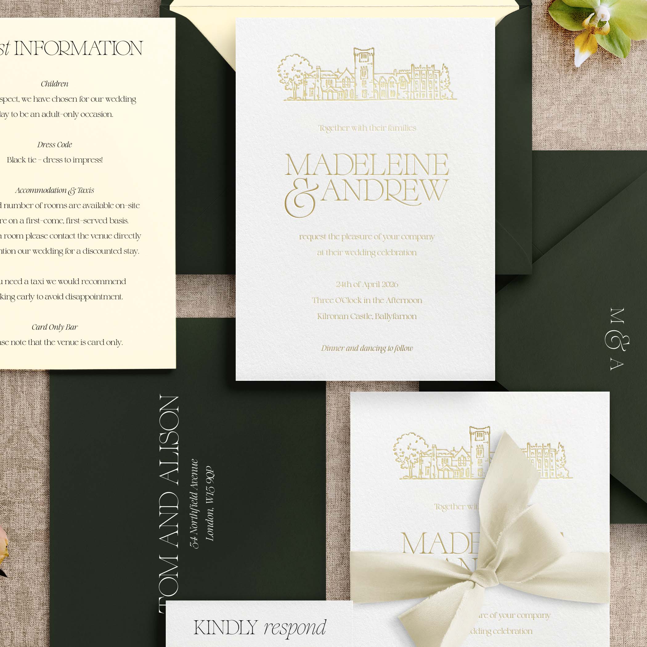 Wedding invitation set with gold text on white and beige cards.