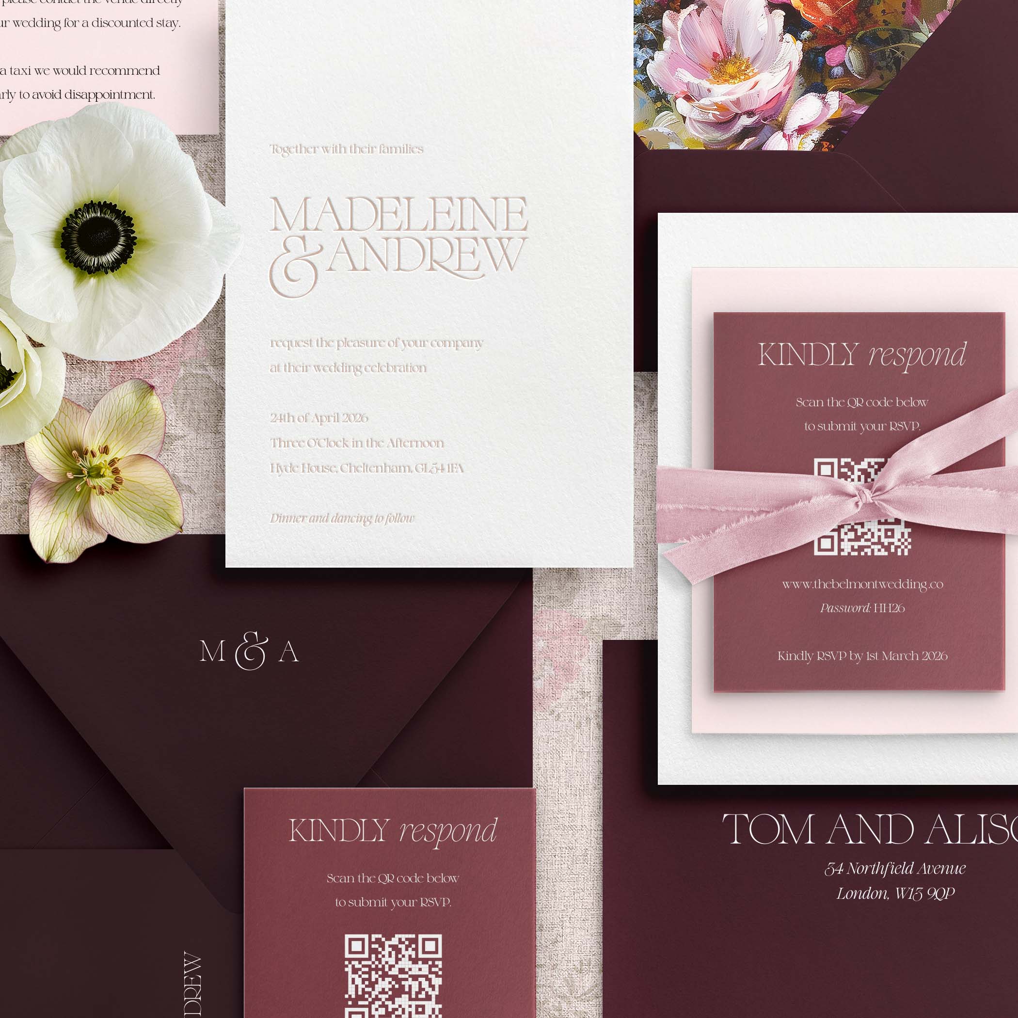 Letterpress Wedding invitation set with floral elements and RSVP cards.