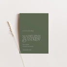 Green wedding save the date card with 'Madeleine & Andrew' on a light gray background