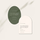 Green and white wedding save the date cards in oval and arch on a white background
