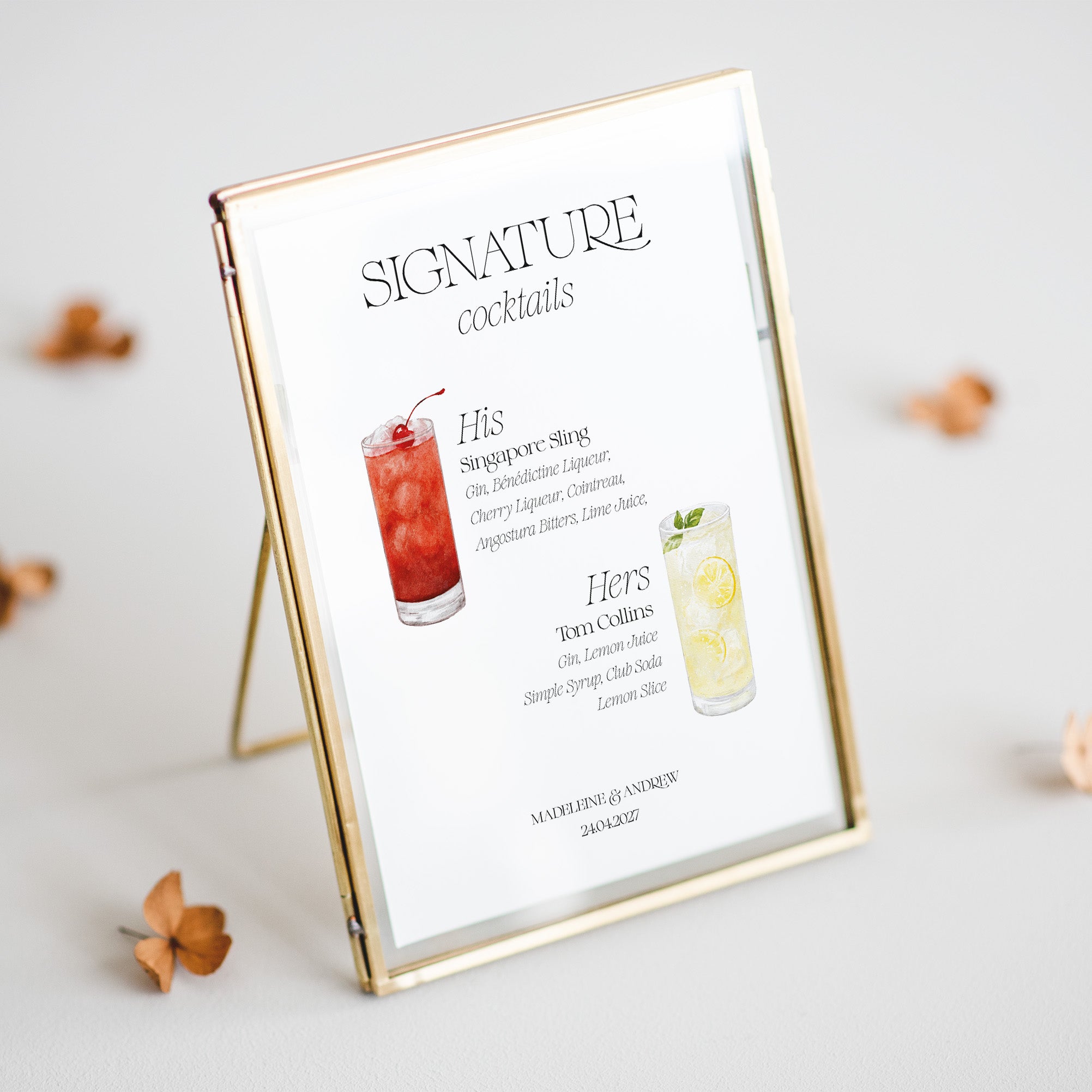 Signature cocktails menu for wedding with two drinks on a white background