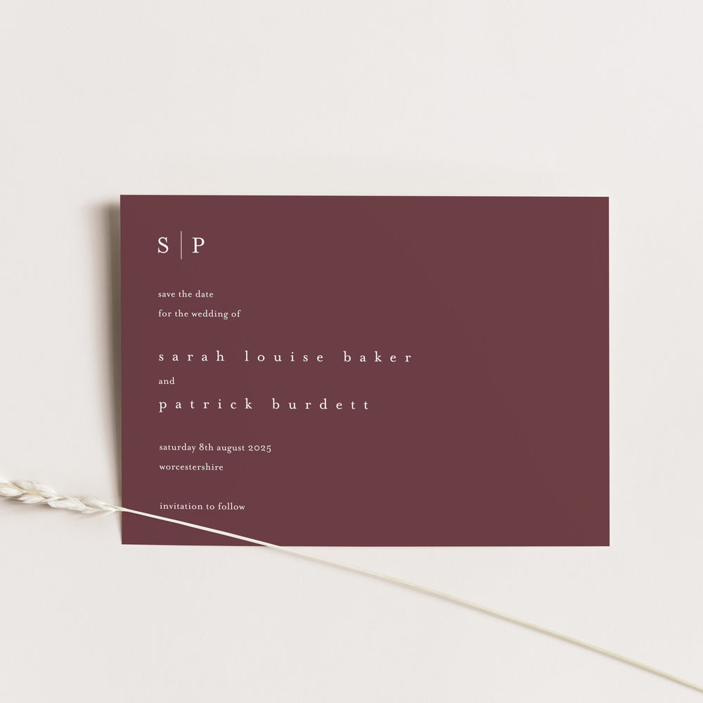 Simple Monogram Save the Date Card in Burgundy with White Ink - Chancery Lane Collection, Elle Bee Design