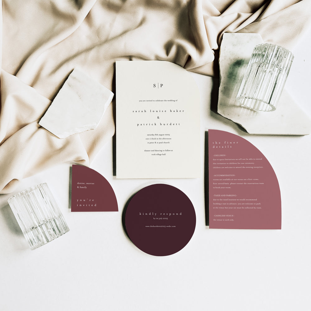 Shaped Burgundy Wedding Invitation Suite - Chancery Lane Collection, Elle Bee Design