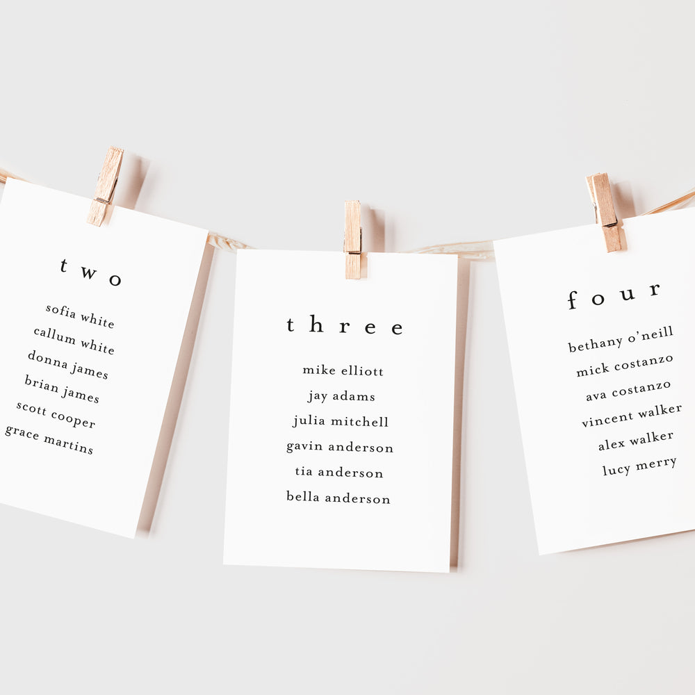 Simple Hanging Table Plan Cards for Wedding - Chancery Lane Collection, Elle Bee Design