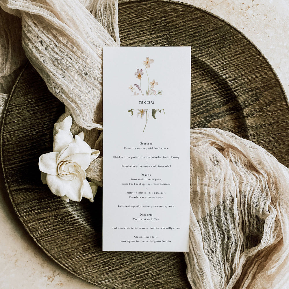 Wildflower Wedding Menu Card - Charlbury Collection, Elle Bee Design