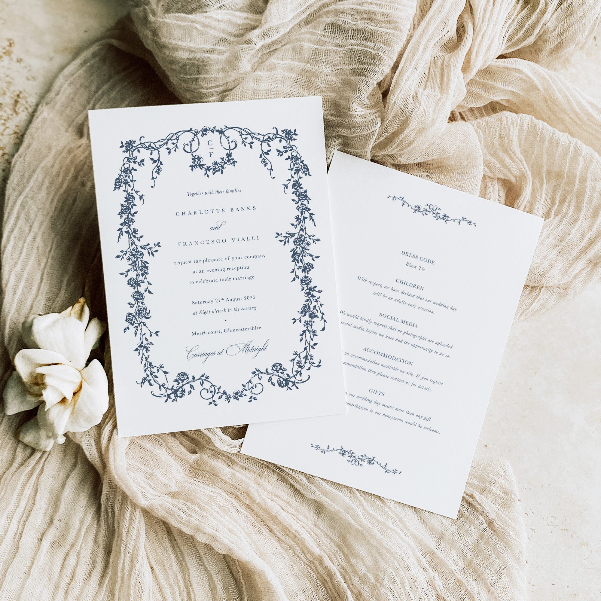 Traditional and Floral Evening Double Sided Wedding Invitation - Charlotte Collection