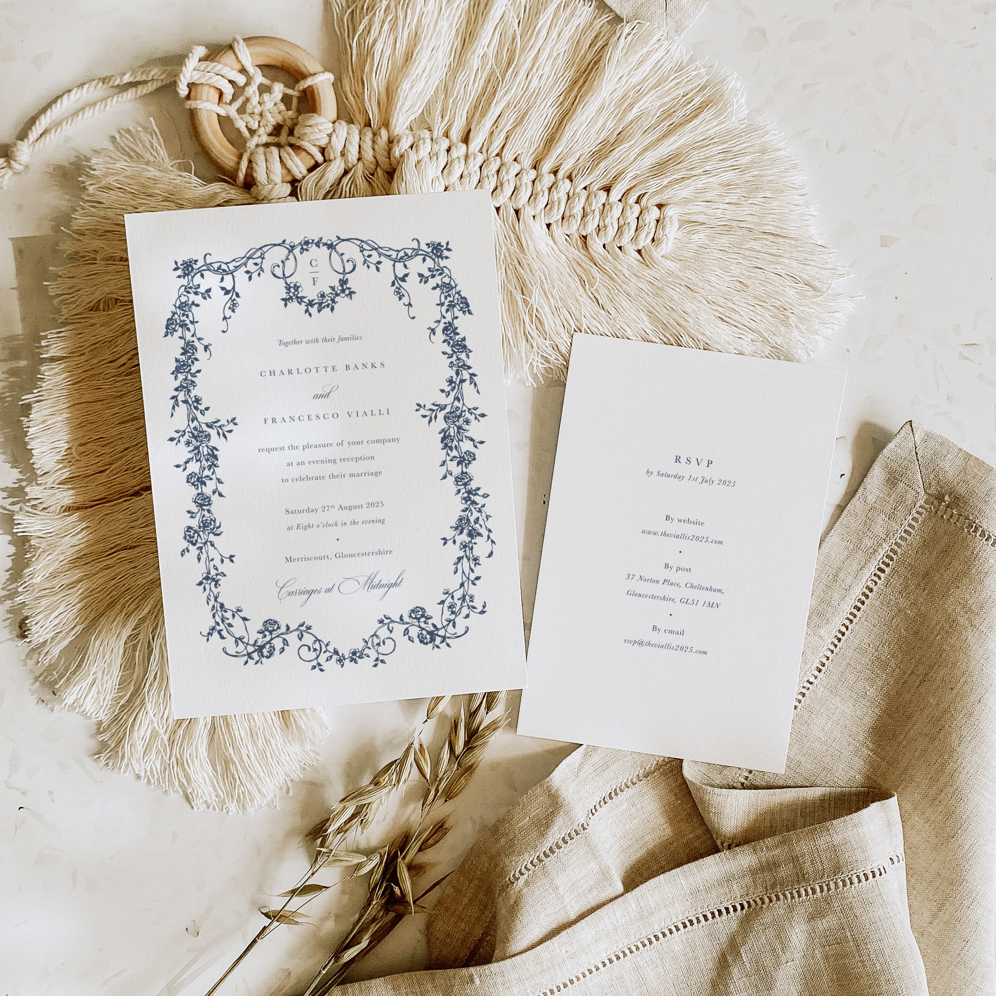 Traditional and Floral Evening Wedding Invitation with RSVP Card - Charlotte Collection