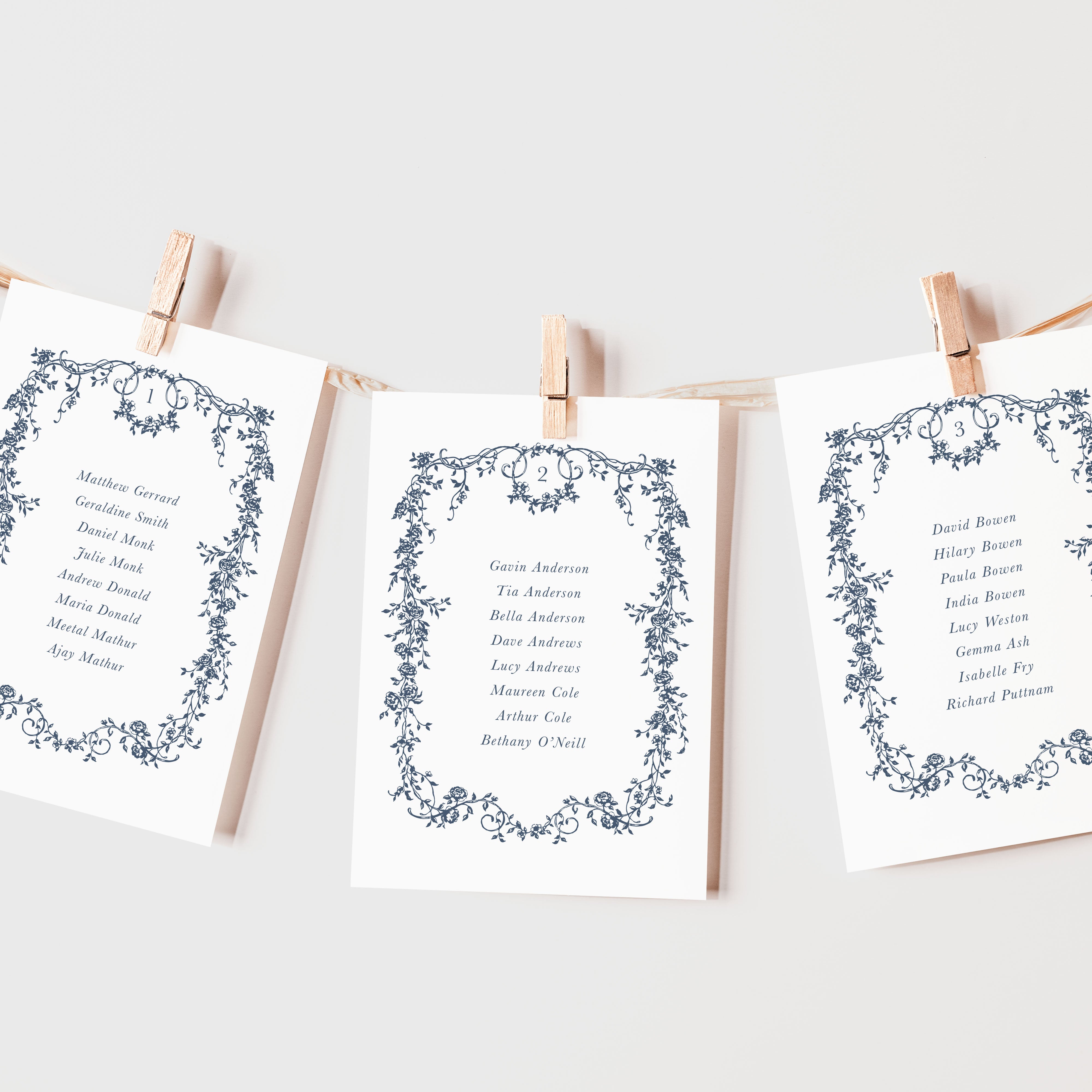 Blue Floral Individual Wedding Table Plan Cards - Charlotte Collection