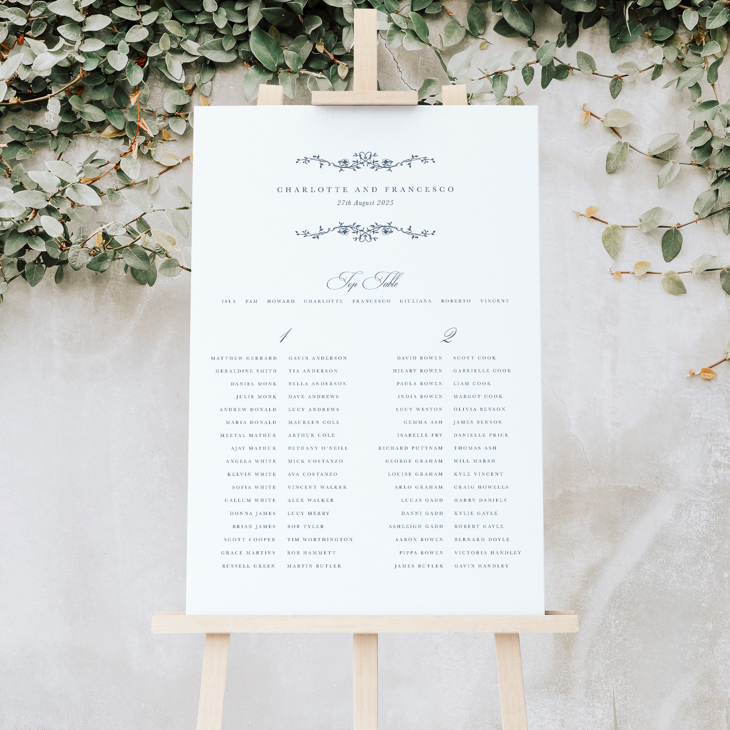 Traditional Floral Wedding Seating Plan in Banquet Layout - Charlotte Collection