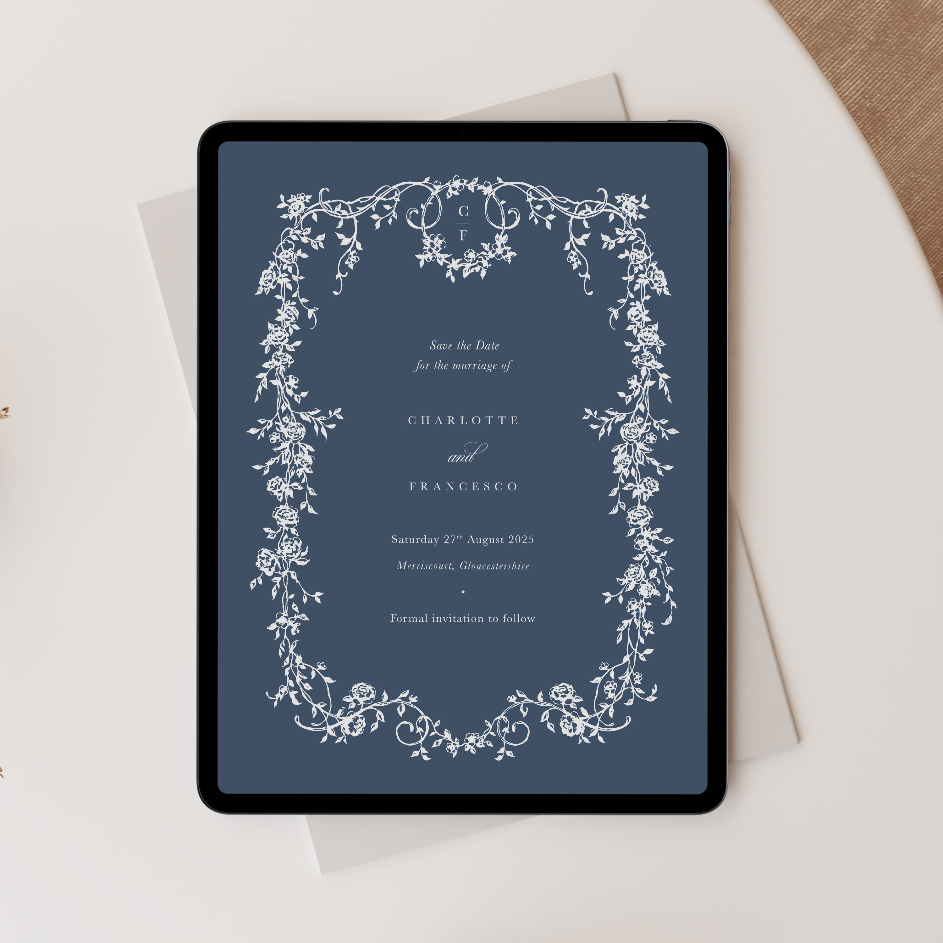 Elegant Floral Digital Save the Date in Denim Blue - Charlotte Collection