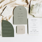 Arched and shaped wedding invitation suite in green colour scheme - Charlotte collection, Elle Bee Design
