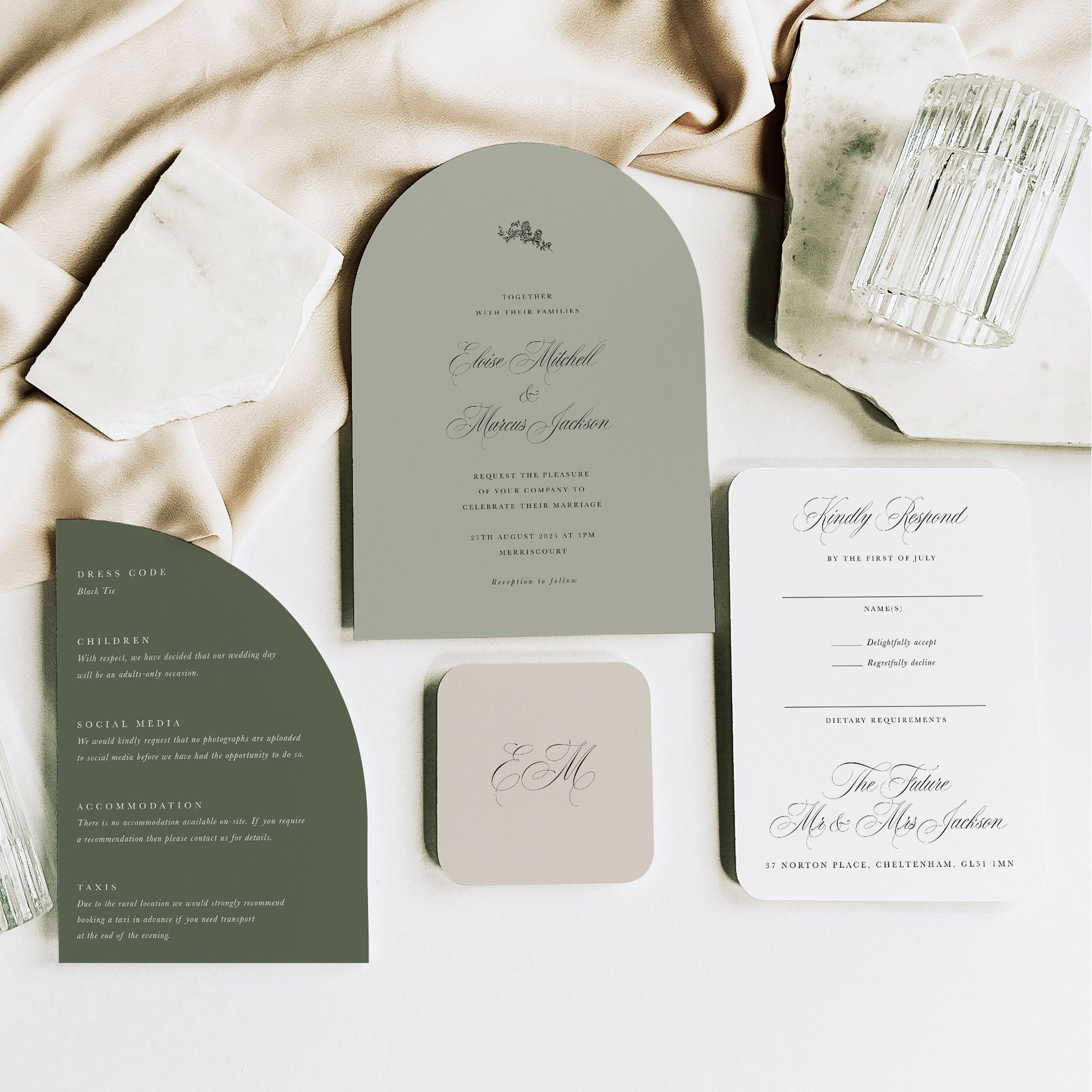 Arched and shaped wedding invitation suite in green colour scheme - Charlotte collection, Elle Bee Design