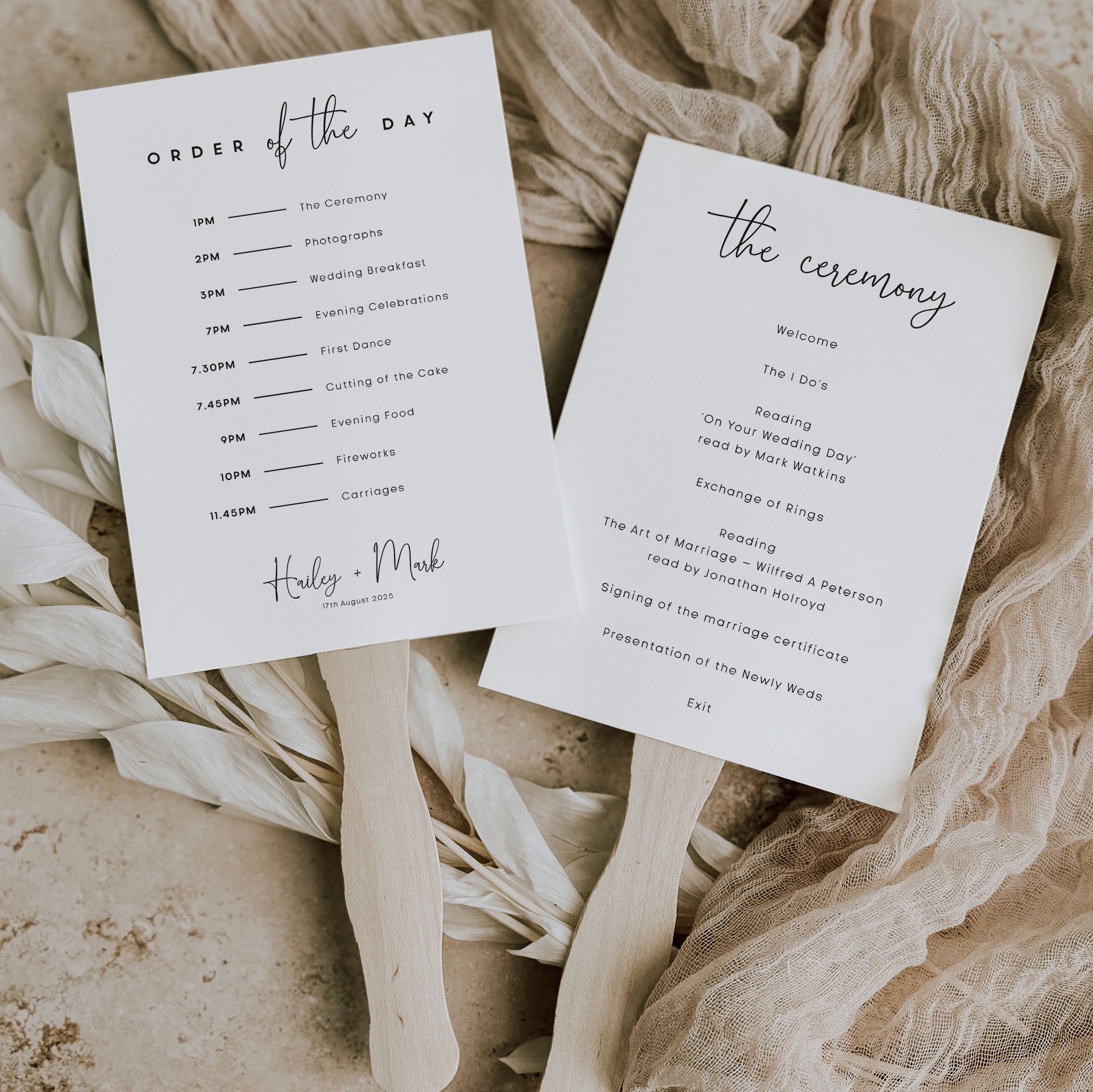 modern wedding programme paddle fan printed double sided with wooden handles on a natural background. 