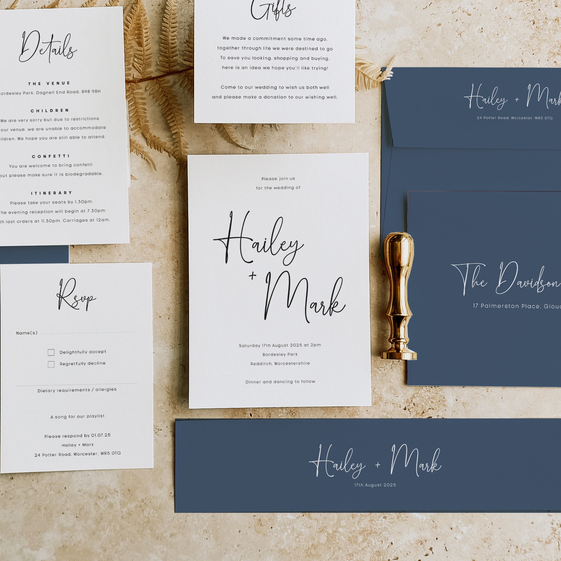 Modern Script Wedding Invitation Suite in White and Blue - Chelsea Collection, Elle Bee Design