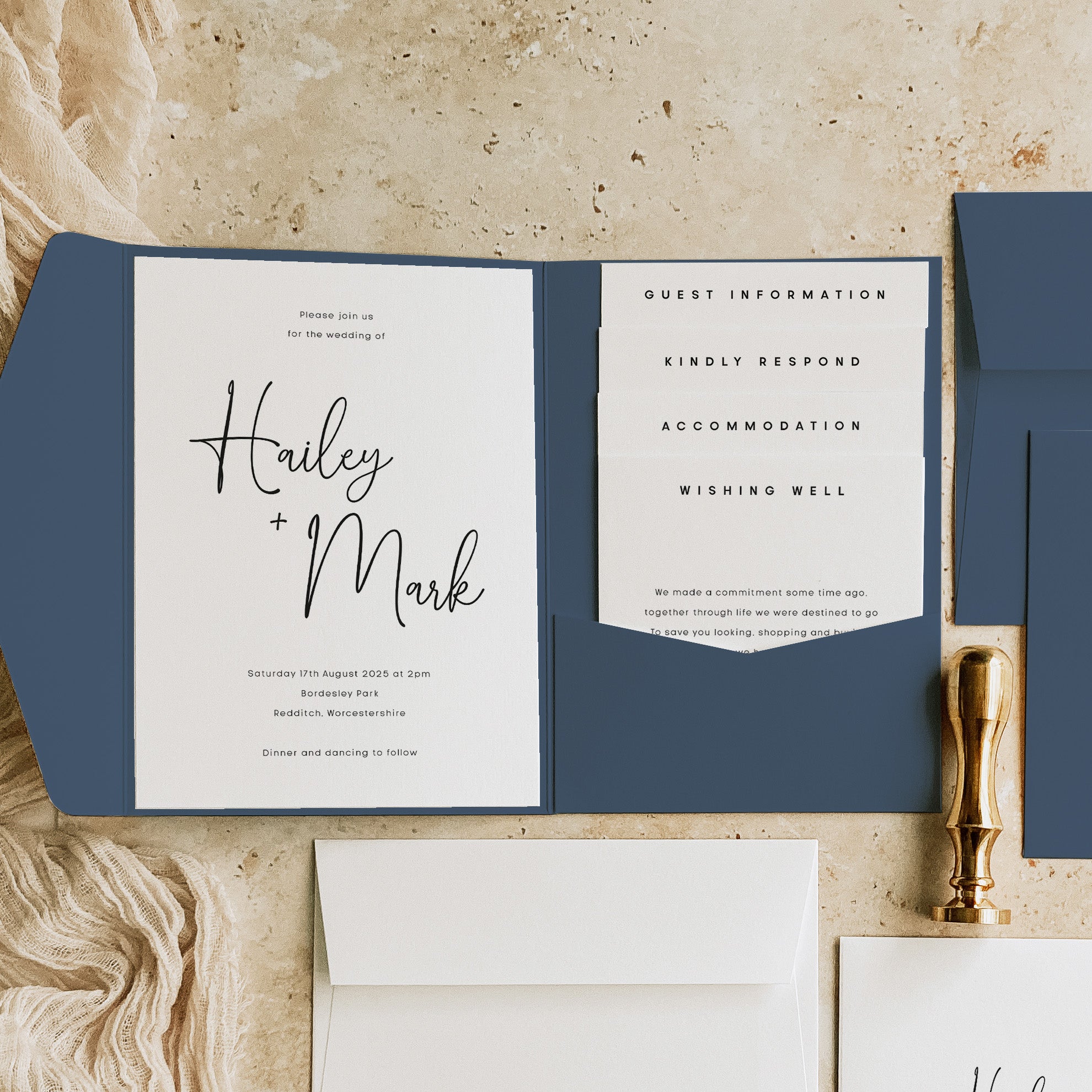 Modern Script Pocketfold Wedding Invitation in Denim Blue - Chelsea Collection, Elle Bee Design