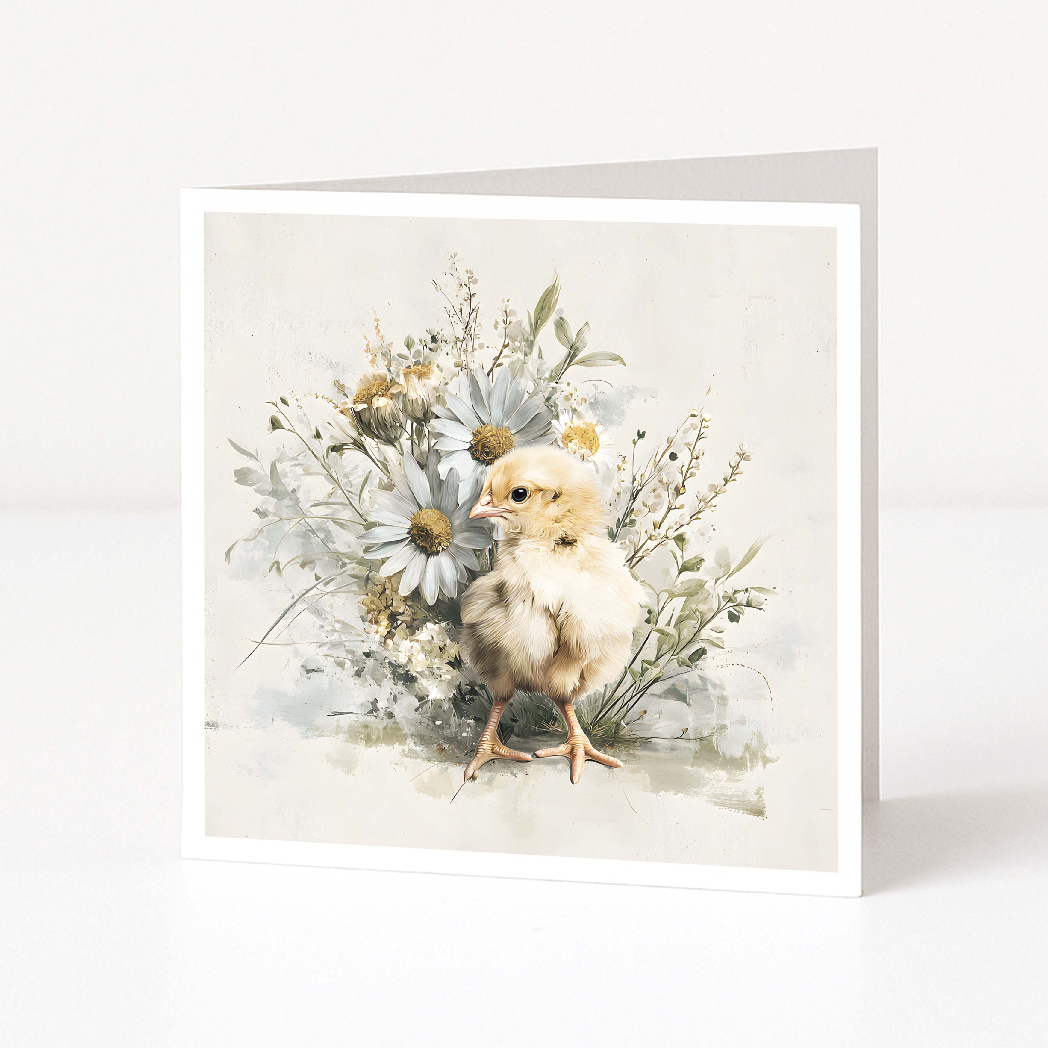 Greeting card with a chick and floral arrangement on a white background