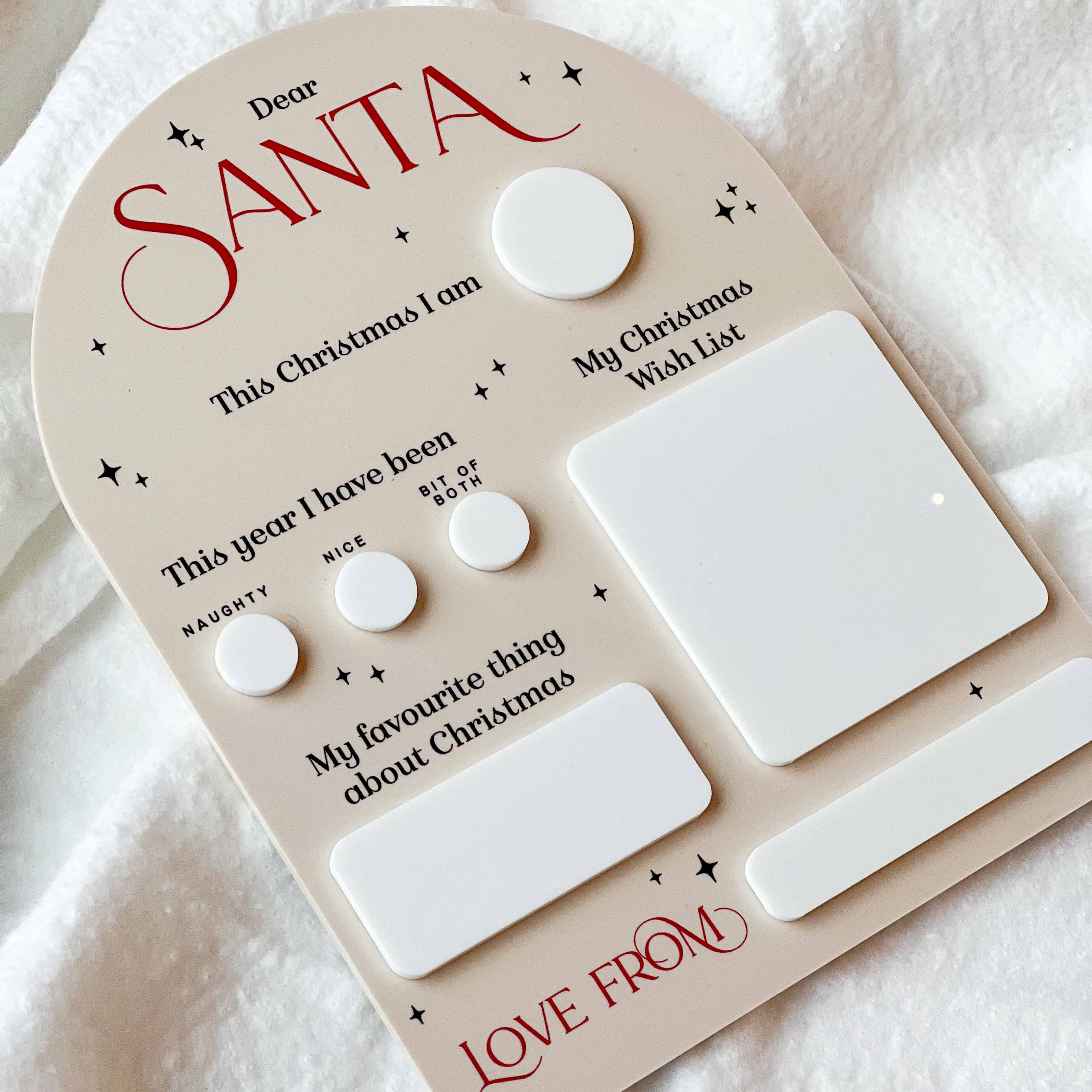 Christmas wish list card with buttons for Santa on a white background