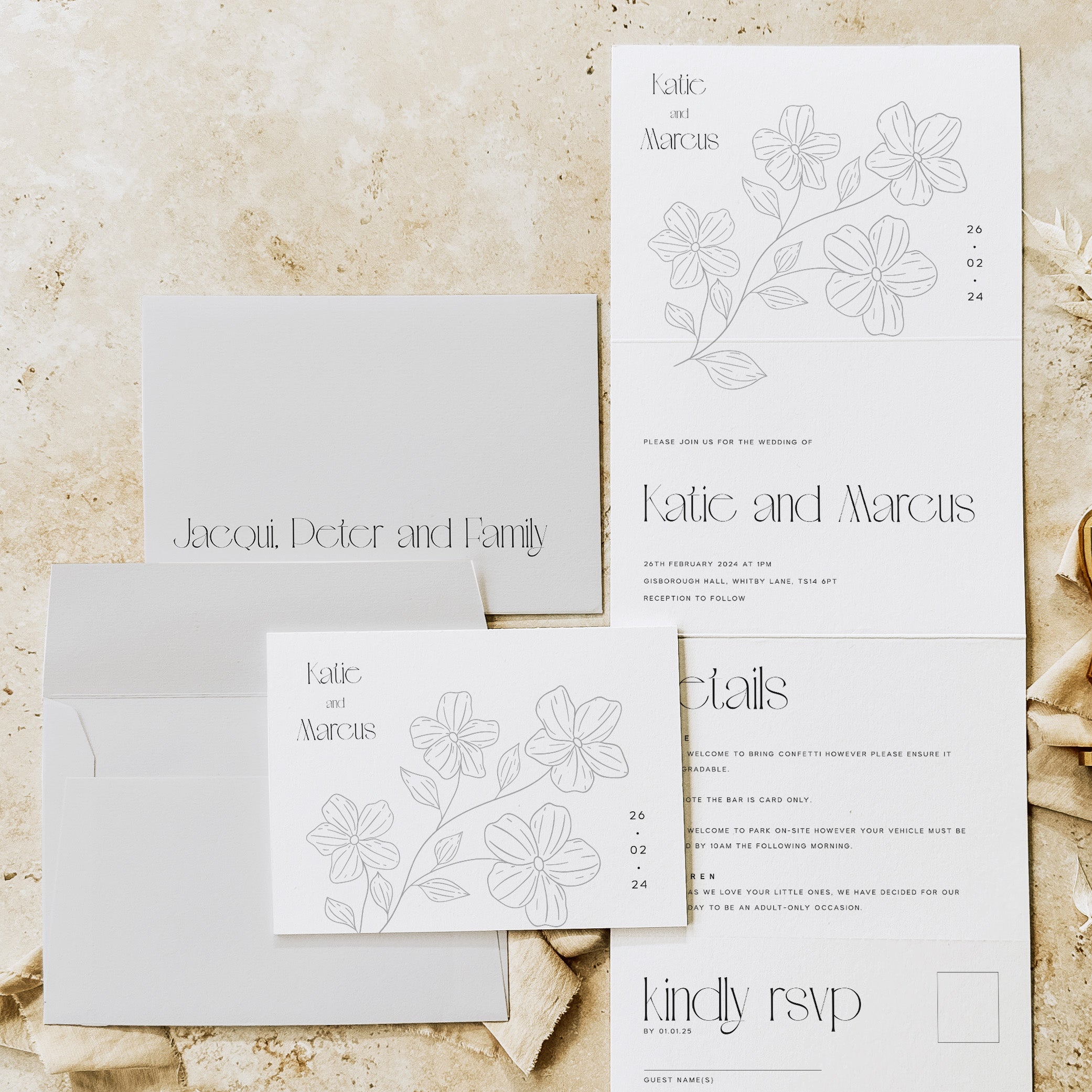 Modern Floral Concertina Wedding Invitation - Clapham Collection, Elle Bee Design