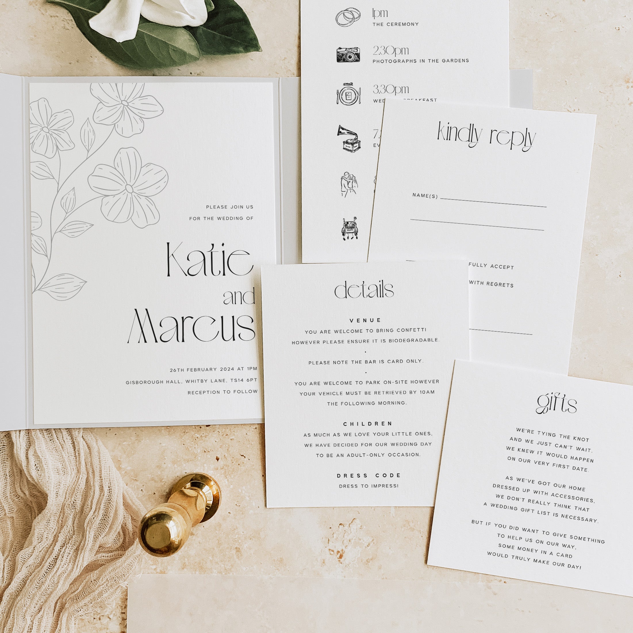 Modern Floral Pocketfold Wedding Invitation Suite - Clapham Collection, Elle Bee Design