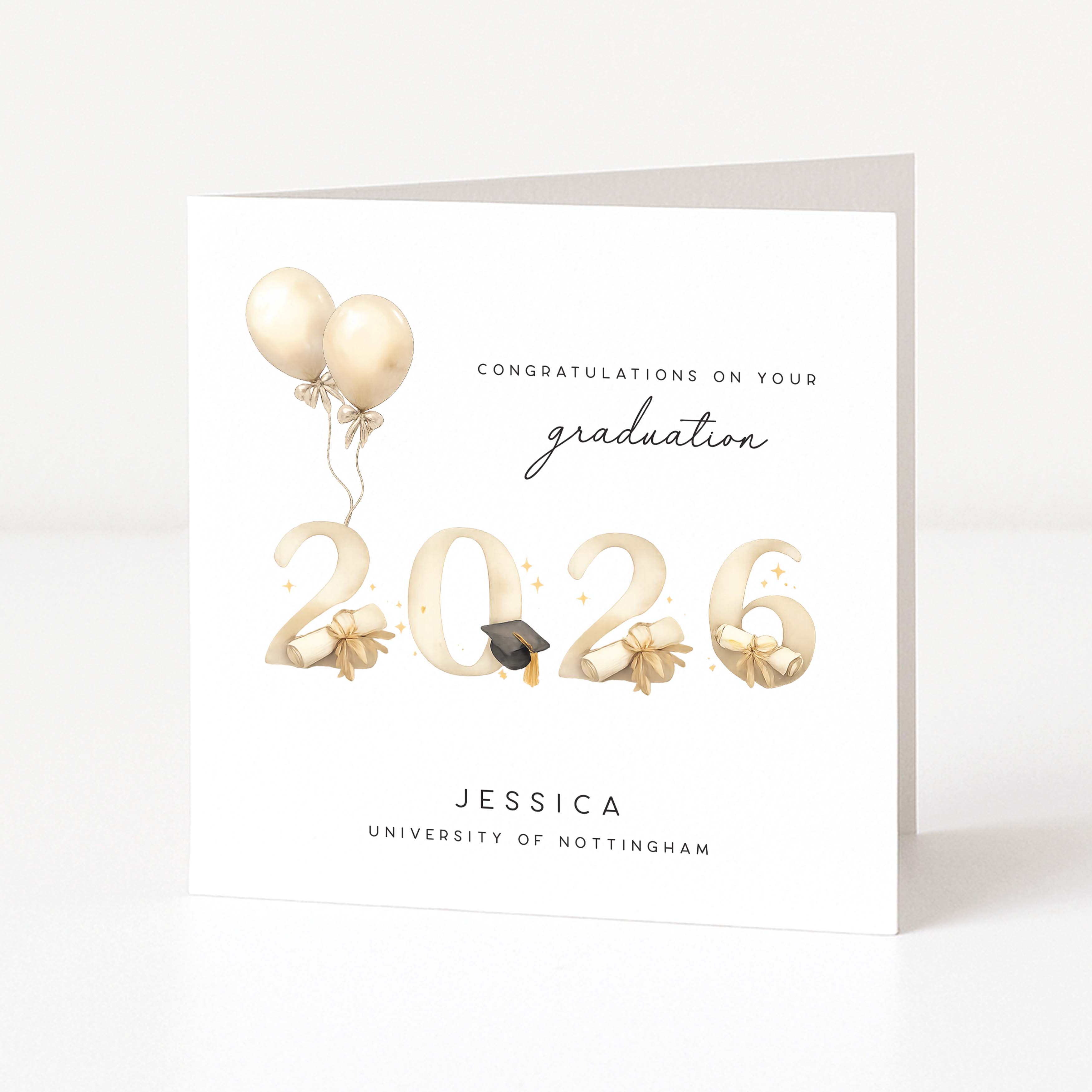 Graduation card with balloons, 'Congratulations on your graduation 2026', and personalized name and university on a white background.