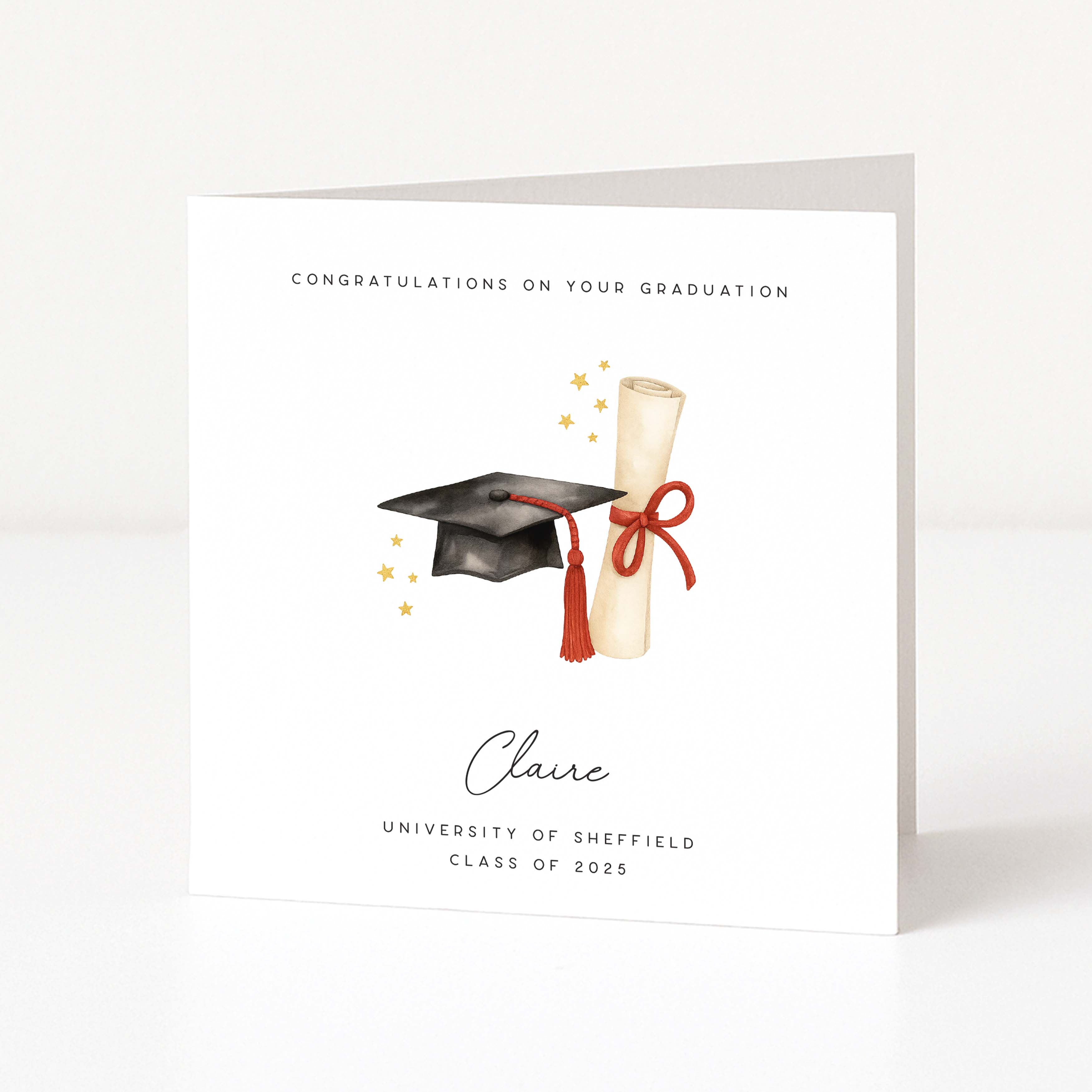Graduation card with mortarboard, diploma, and personalized text on a white background