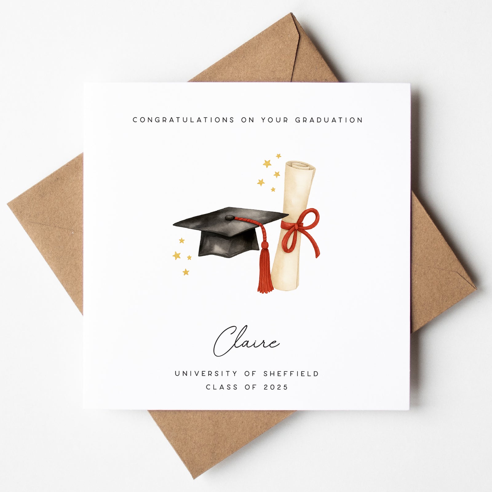 Graduation-themed card with cap, diploma, and personalized text on a white background