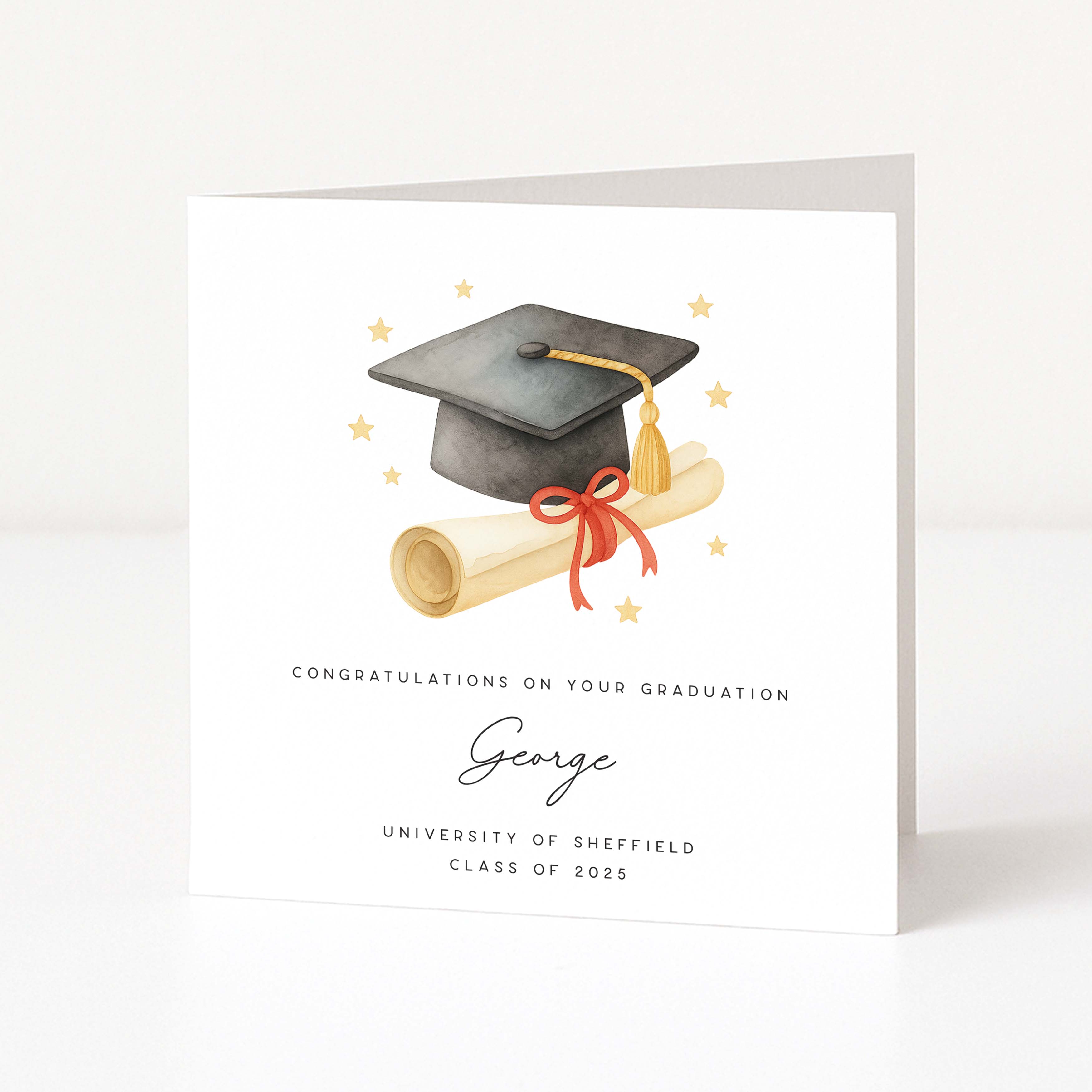 Graduation-themed card with mortarboard, diploma, and personalized text on a white background