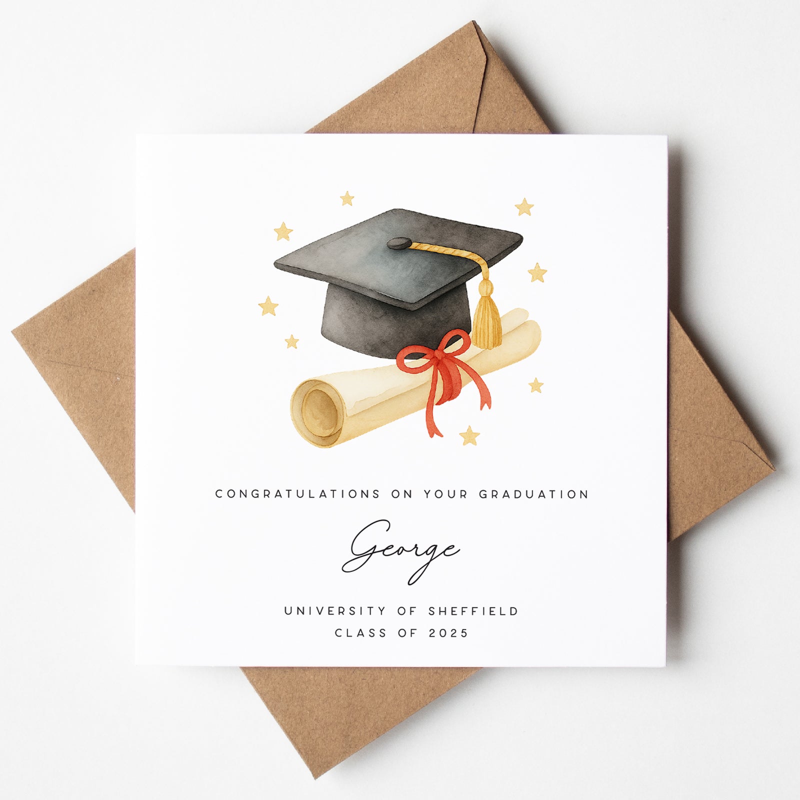 Graduation-themed card with cap, diploma, and personalized text on a white background