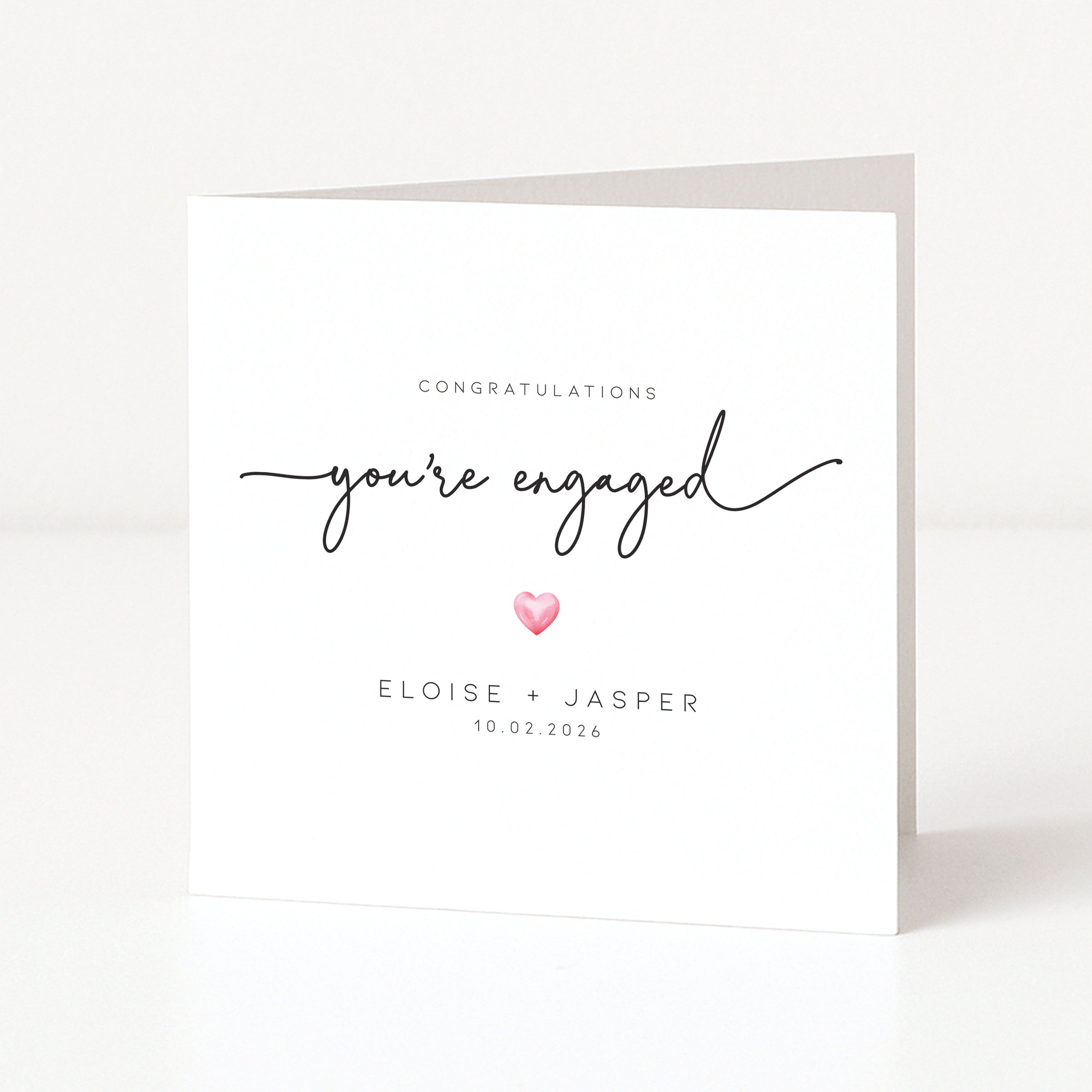 Engagement card with 'Congratulations you're engaged' text and a heart symbol on a white background