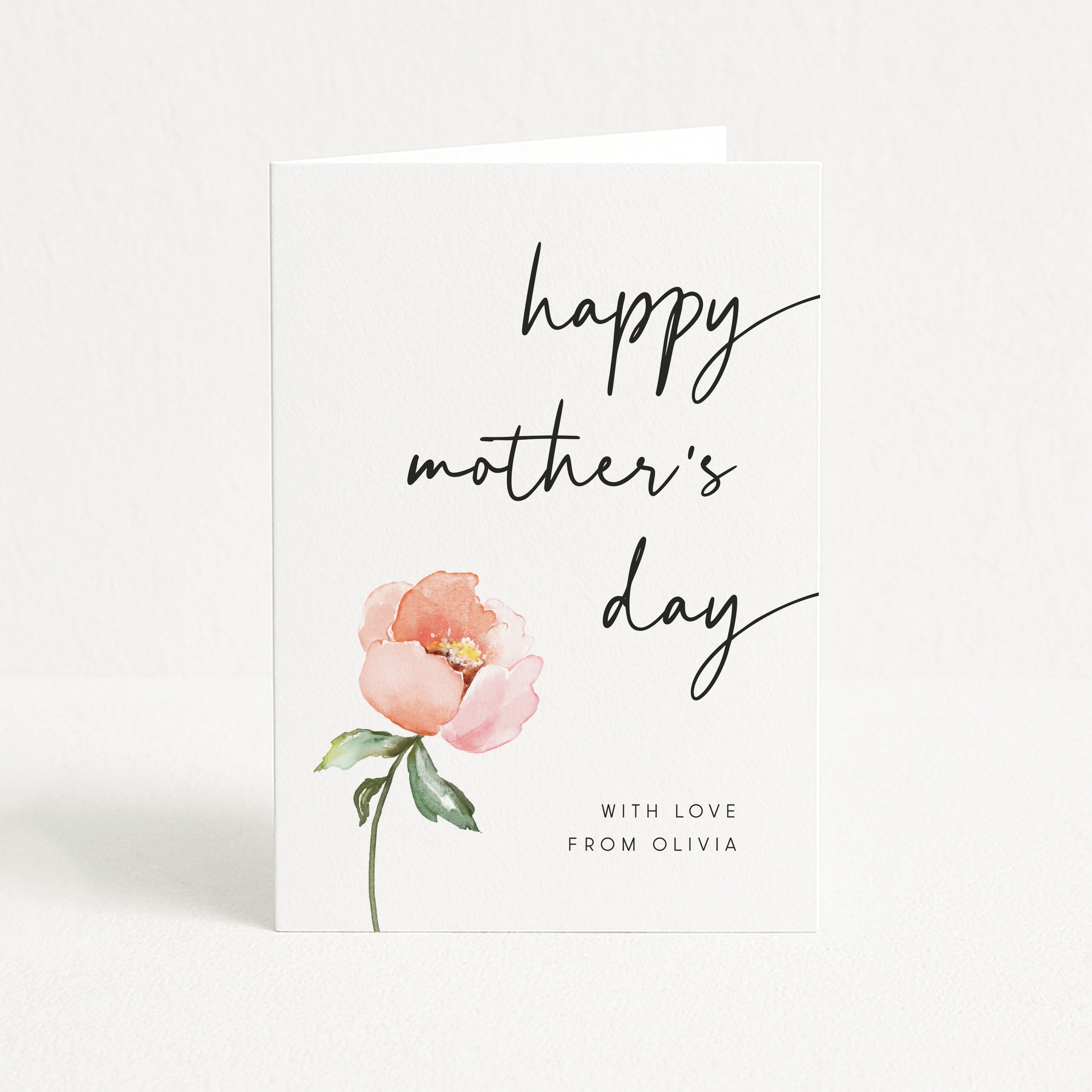 Mother's Day card with a pink flower and 'happy mother's day' text on a white background