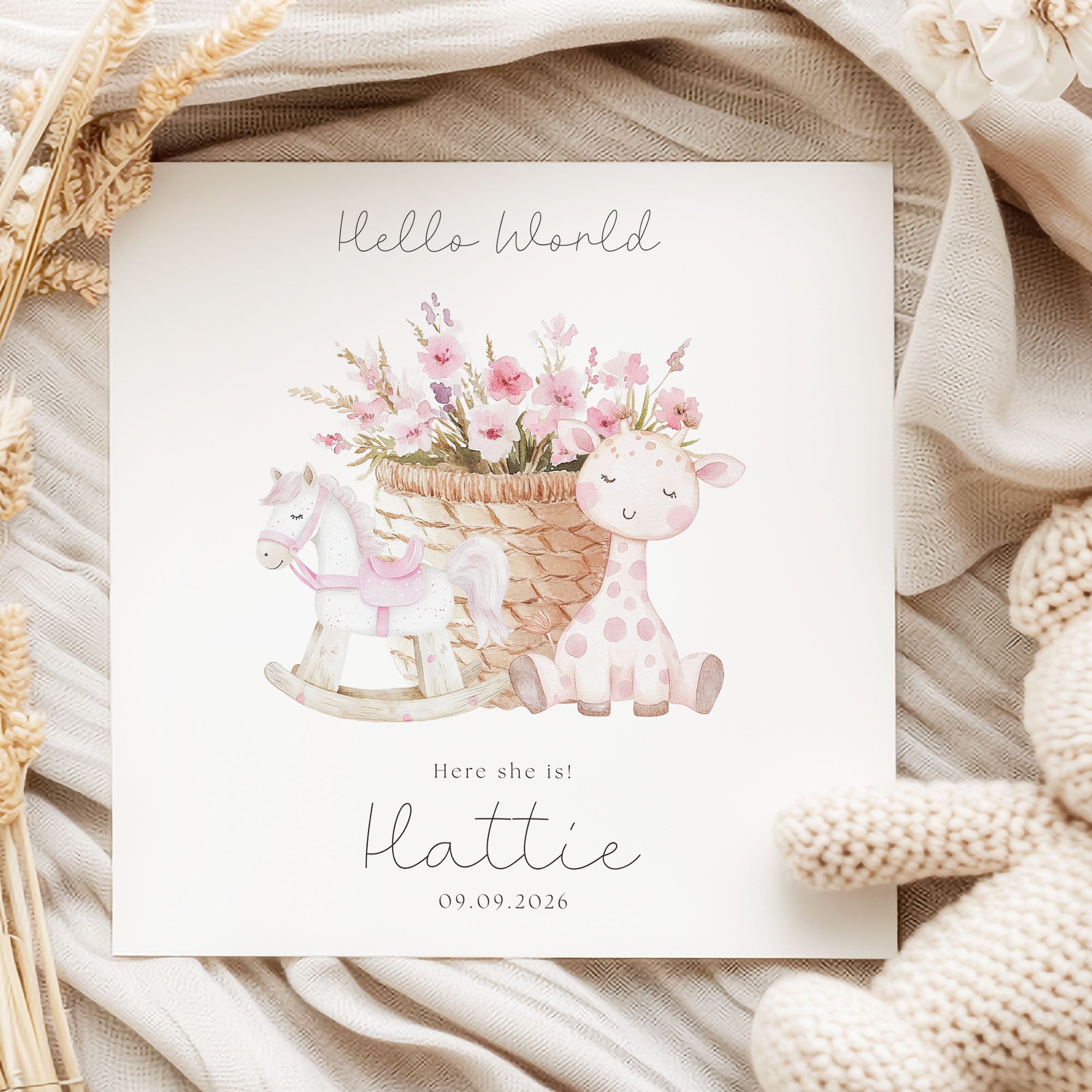 Custom Name New Baby Girl Card on linen background and dried flowers