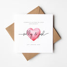 Engagement card with pink heart and names 'sally & josh' on a white background with brown envelope.