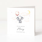 Greeting card with an elephant holding a balloon and text 'For my amazing mommy on Mother's Day' on a white background.