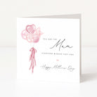 Greeting card with pink balloons and Mother's Day message on a white background