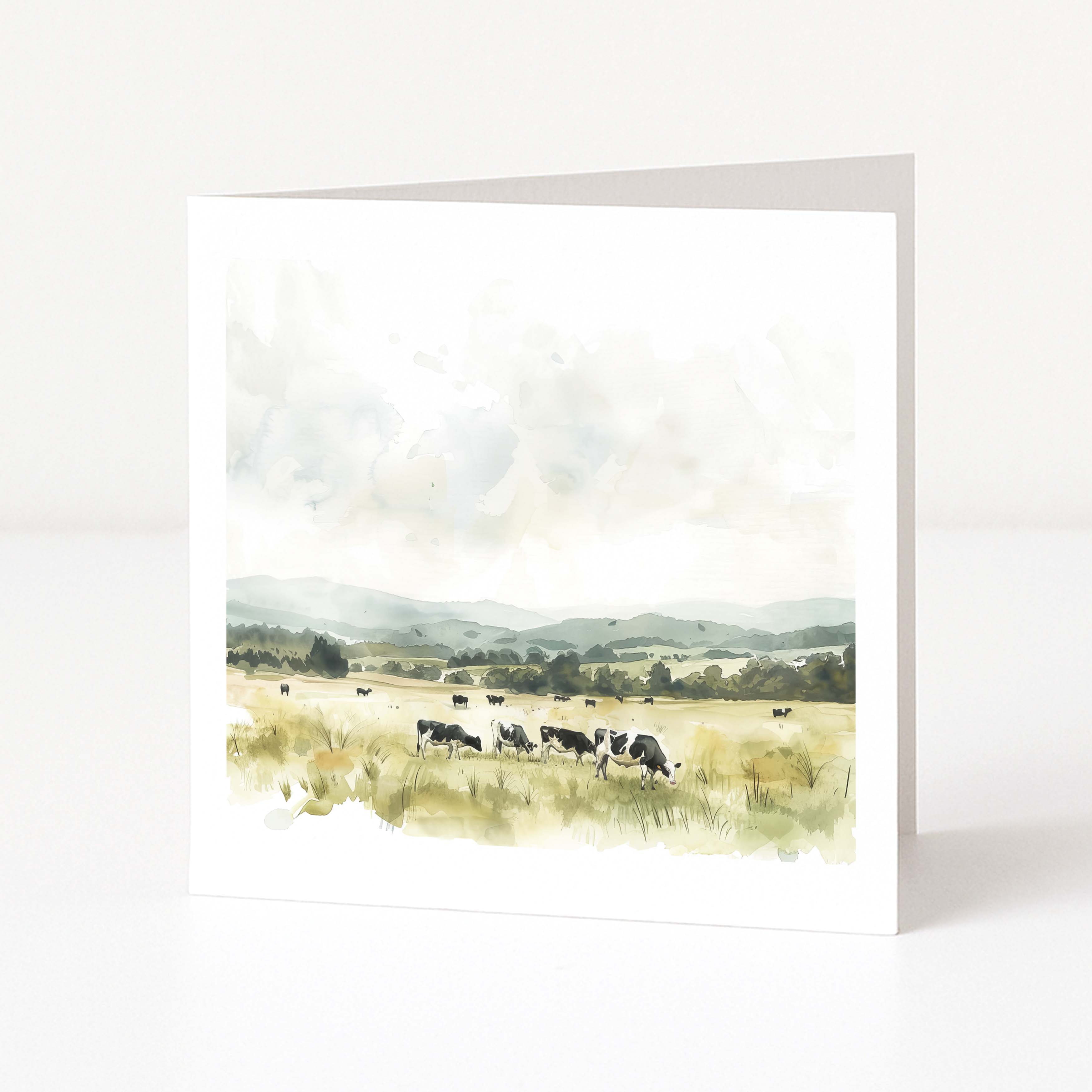 Greeting card with a landscape of cows in a field on a white background