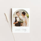Wedding photo thank you card with a couple on a white background