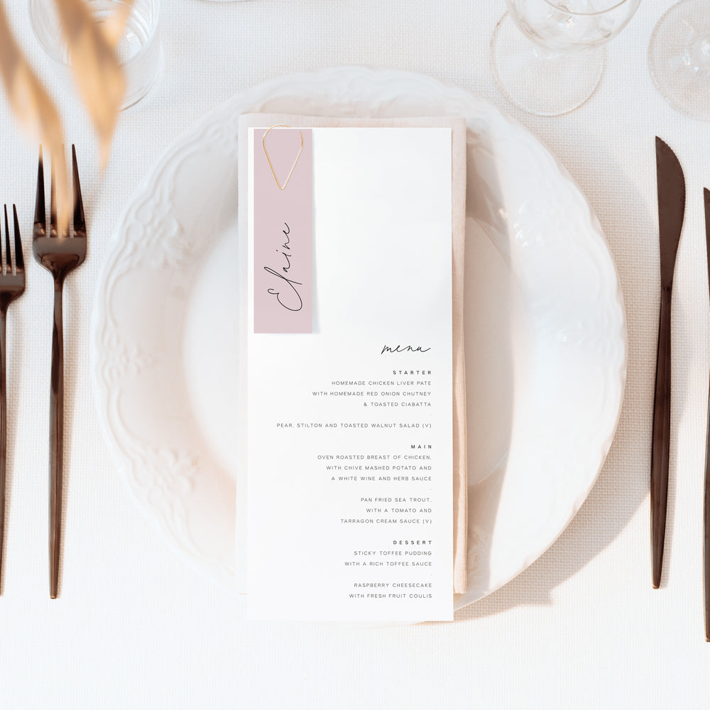 Modern Wedding Menu with Blush Pink Name Tag - Dalston Collection, Elle Bee Design