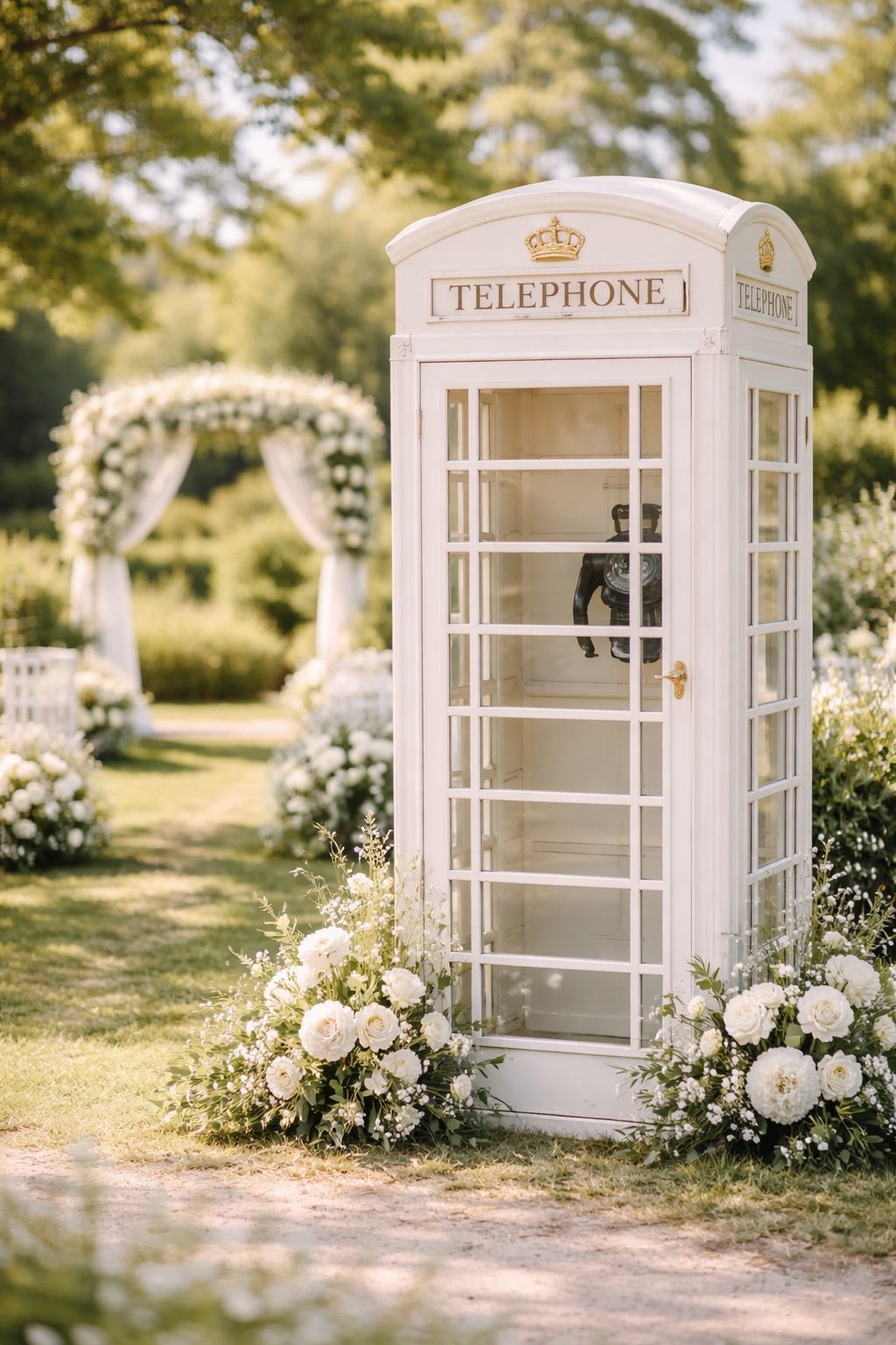 White telephone booth decorated with flowers in a garden setting