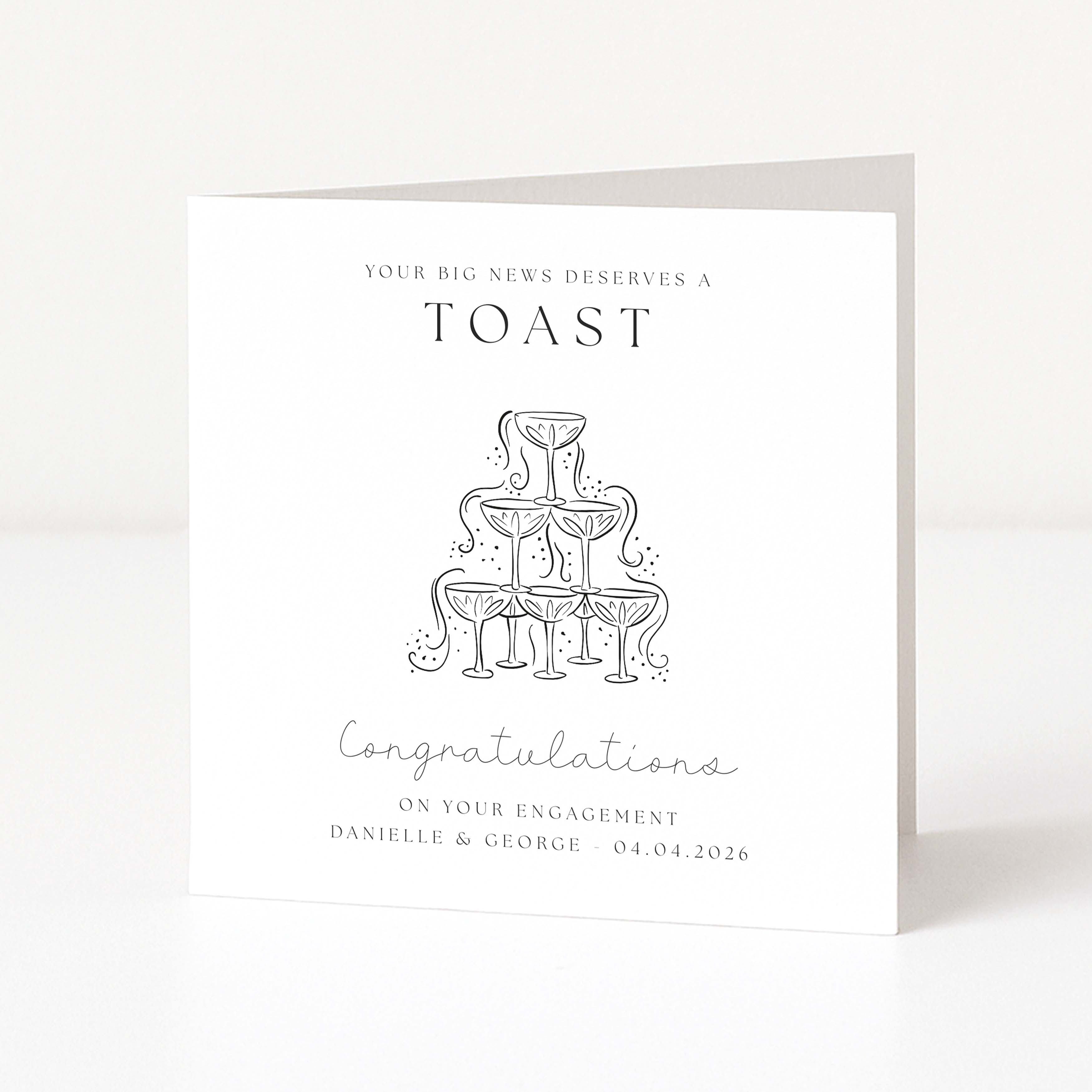 Personalised Engagement card with champagne glass design and text on a white background