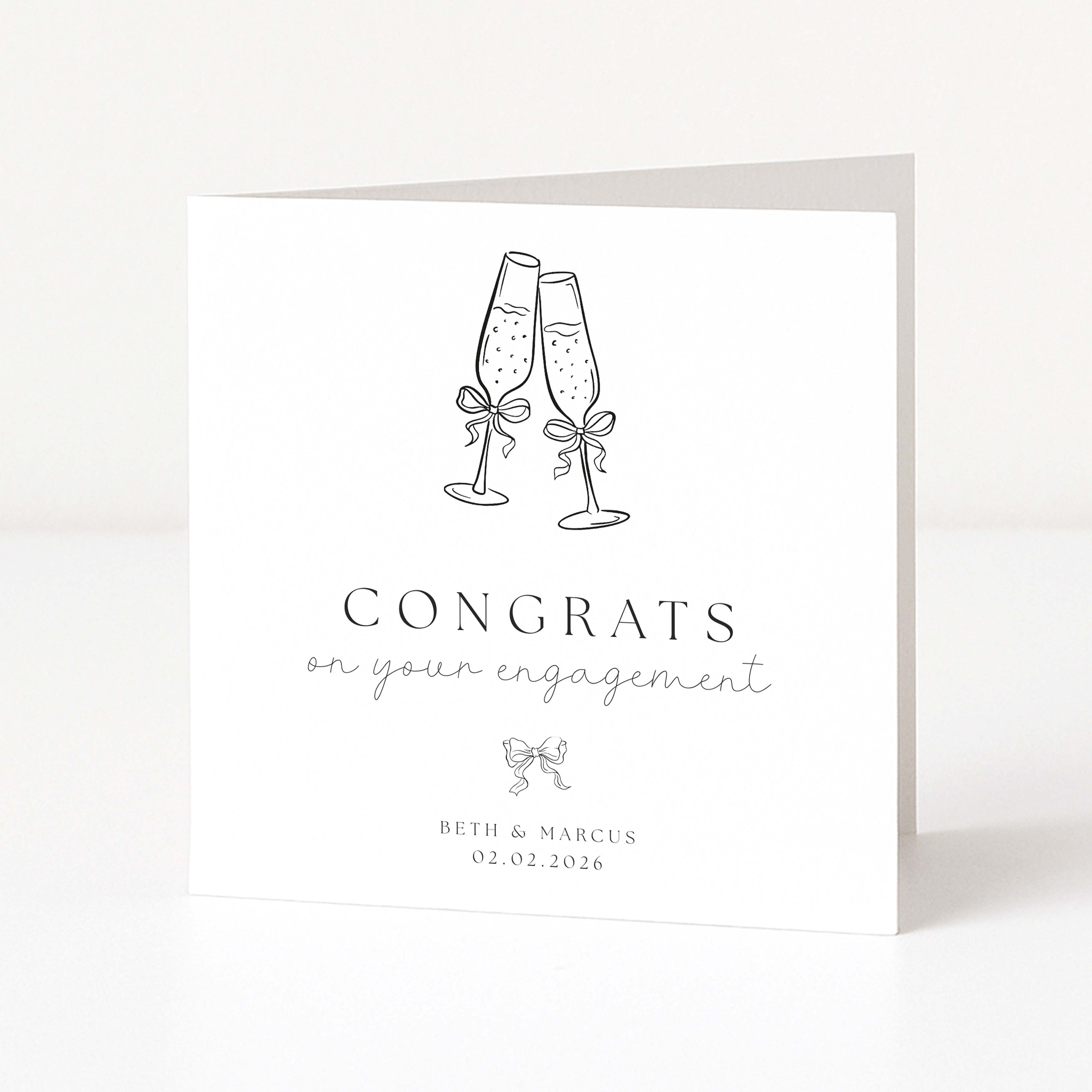 Engagement card with champagne glasses and 'Congrats on your engagement' text on a white background