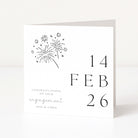Engagement card with fireworks design and personalized text on a white background