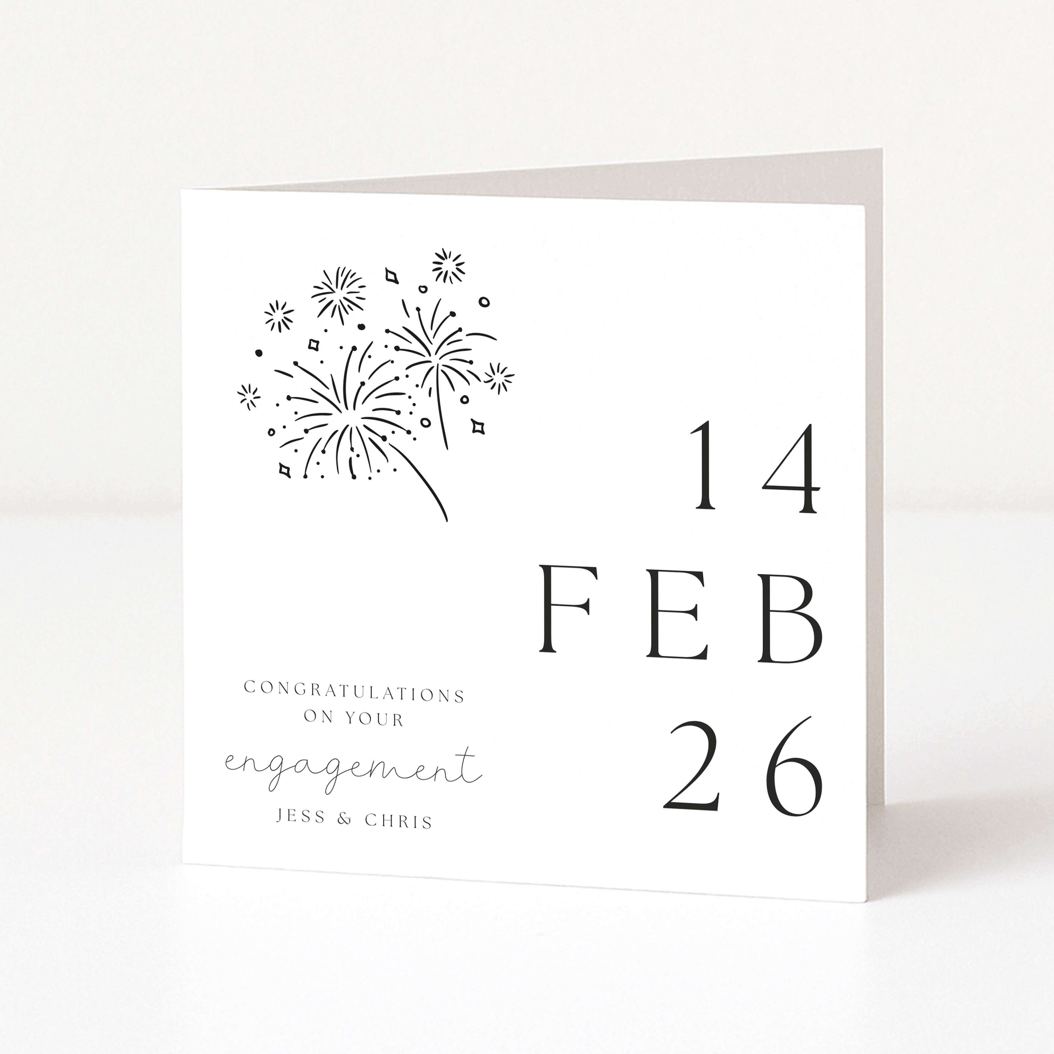 Engagement card with fireworks design and personalized text on a white background
