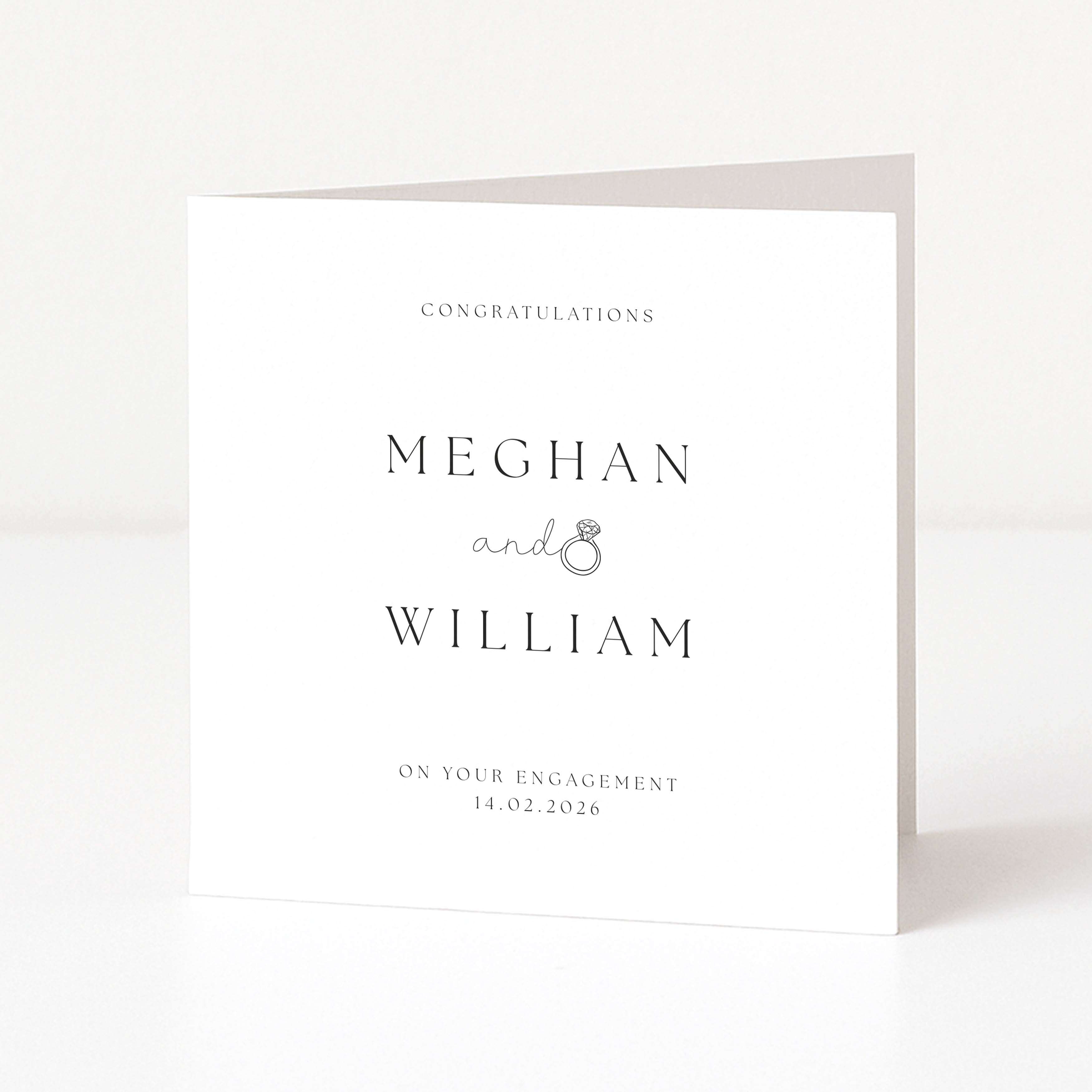 Greeting card with 'Congratulations Meghan and William on your engagement' text on a white background