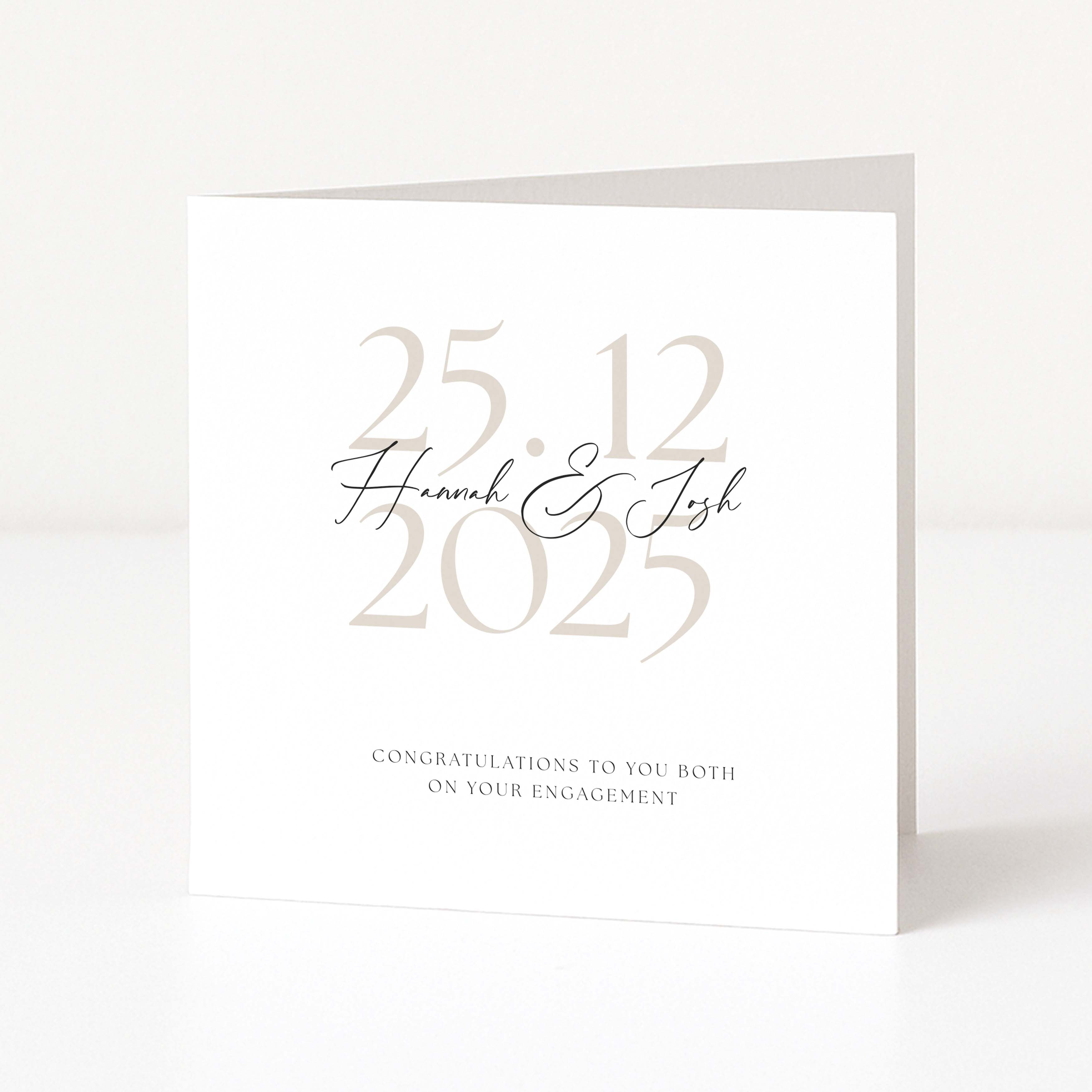 Personalised Engagement card with text '25.12 Hannah & Josh 2025' on a white background
