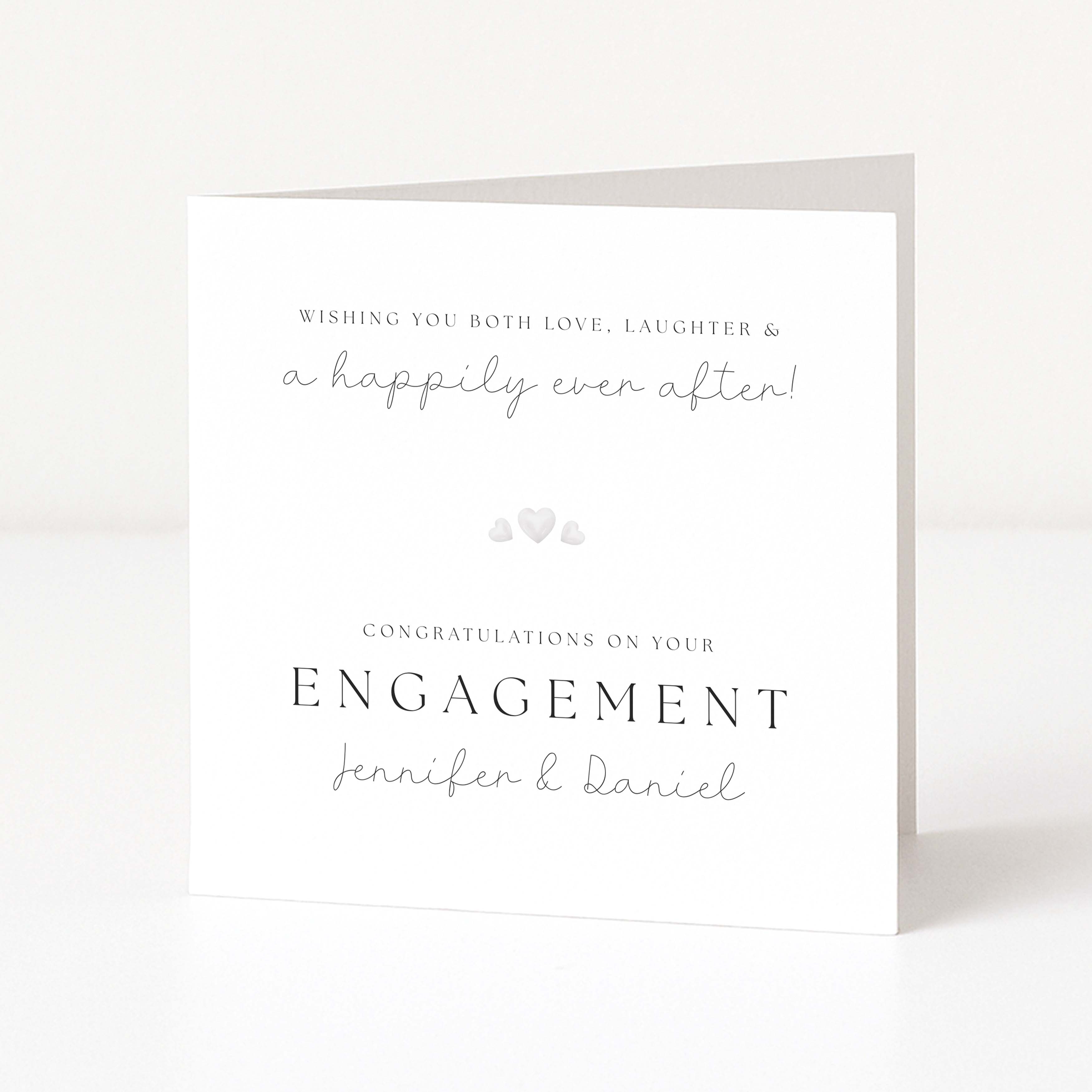 Personalised Engagement card with grey hearts and text on a white background