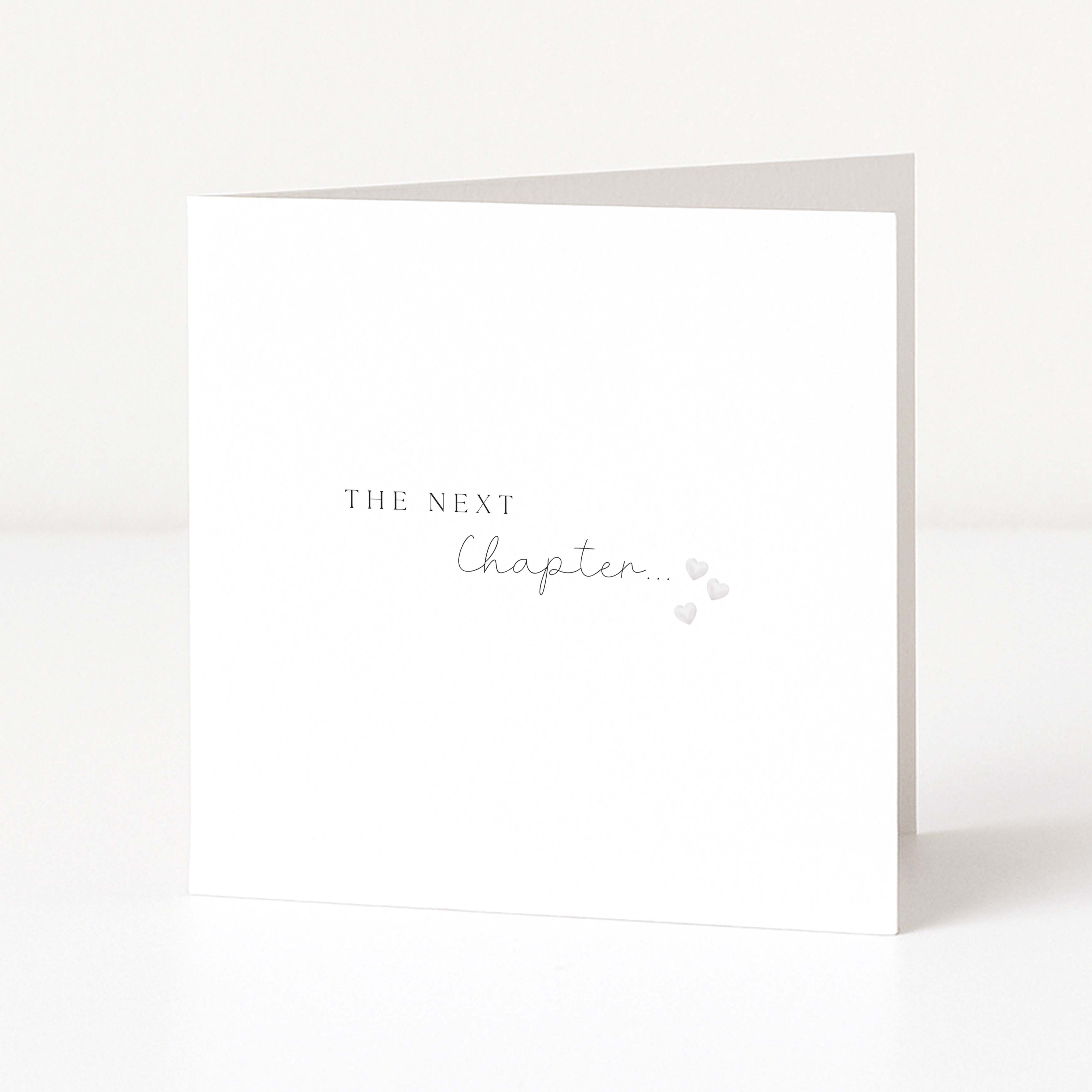 White card with 'The Next Chapter' text on a white background